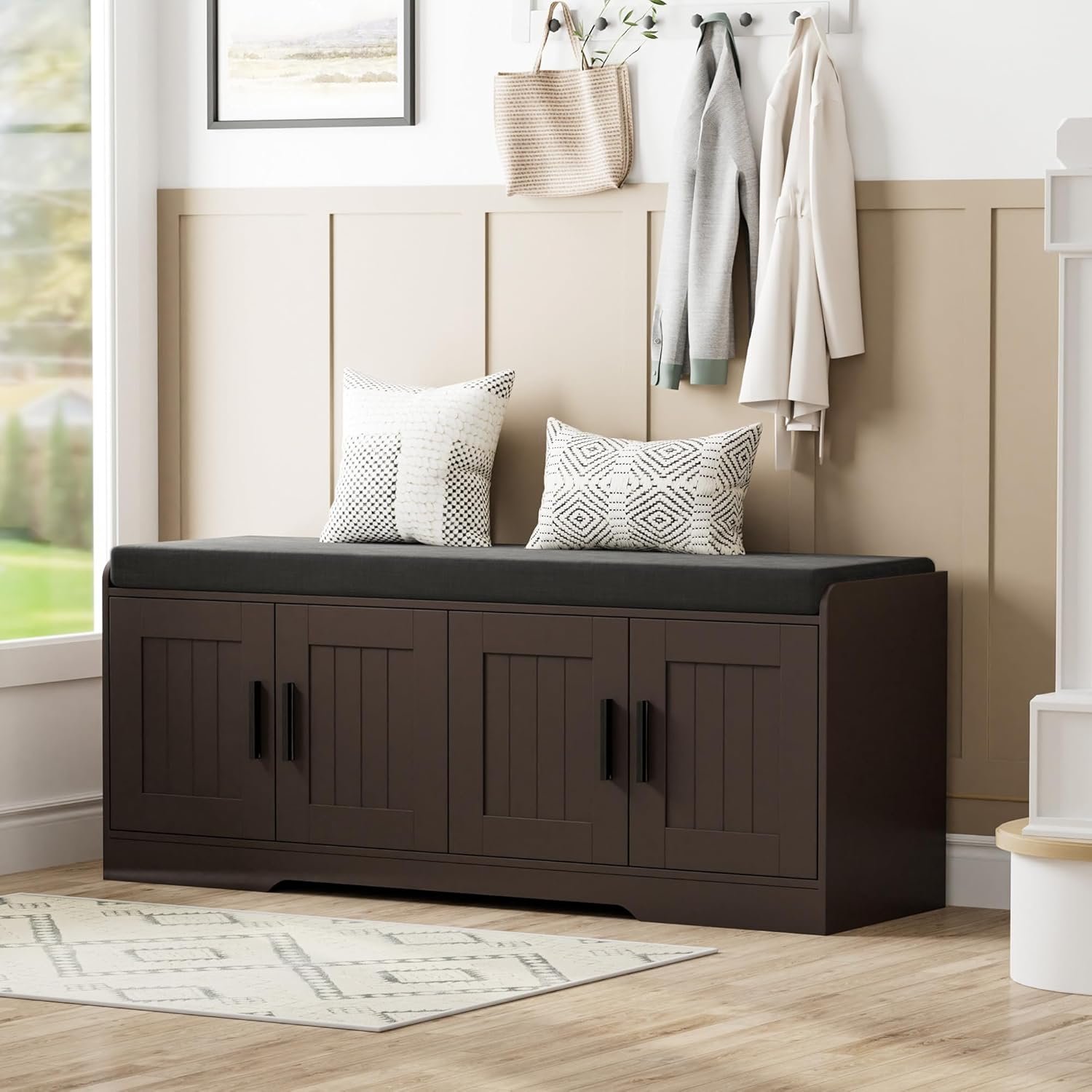 Homleke 2-Tier Storage Bench, Shoe Bench with Thickened Padded Seat Cushion, Entryway Bench with 4 Doors, Adjustable Shelf, 13.8″ D x 45.3″ W x 18.5″ H, for Entryway, Living Room, Bedroom, Brown