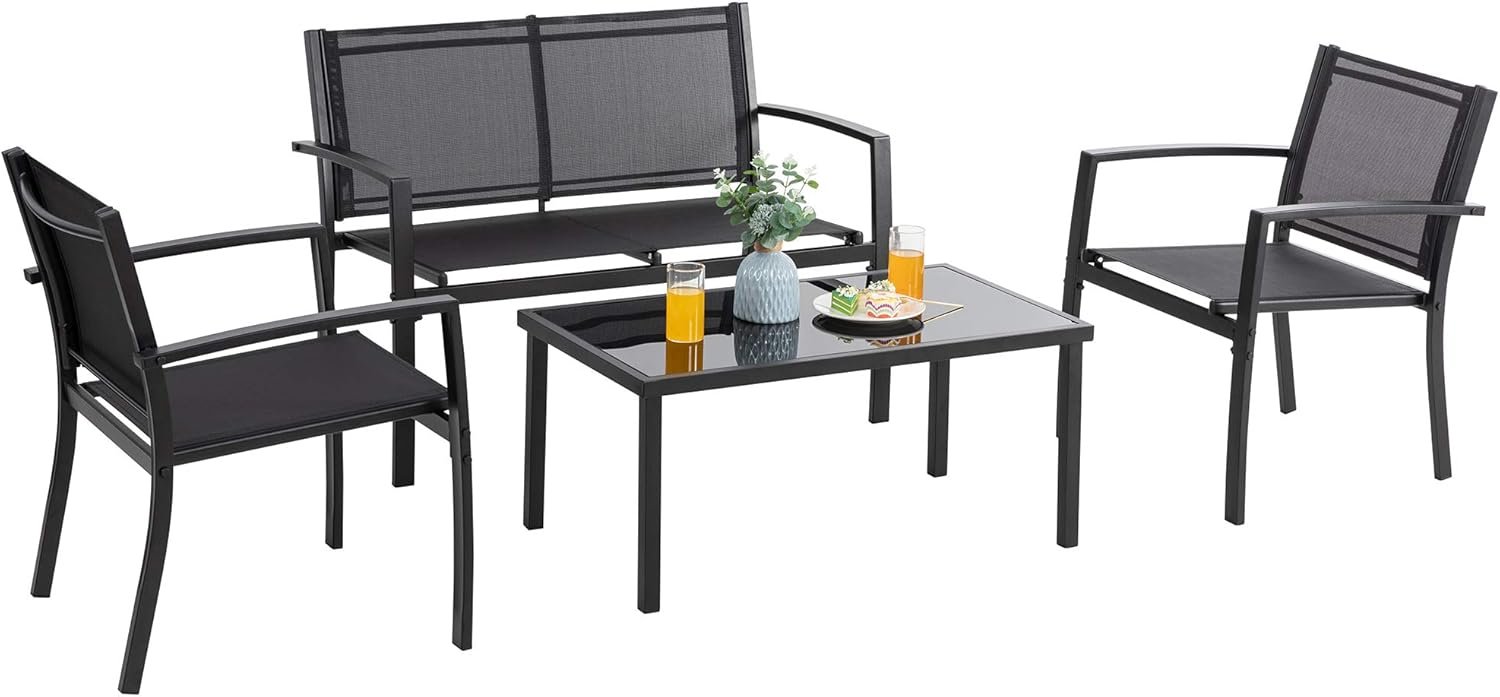 Vongrasig 4 Pieces Patio Furniture Sets,Outdoor Patio Conversation Sets with Glass Coffee Table, Small Porch Balcony Furniture, Patio Table and Chairs Set for Garden, Backyard (Black)