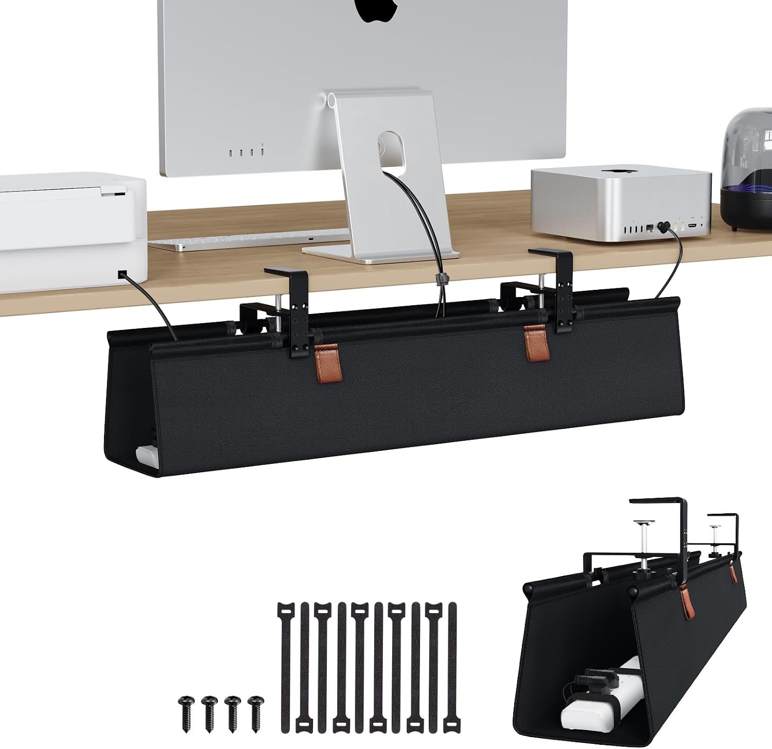 Zilink No Drill Under Desk Cable Management Tray 30″ Cord Organizer for Table Clamp/Screw Mount Desk Cable Management Sturdy Waterproof Fabric Cord Hiders for Office, Home