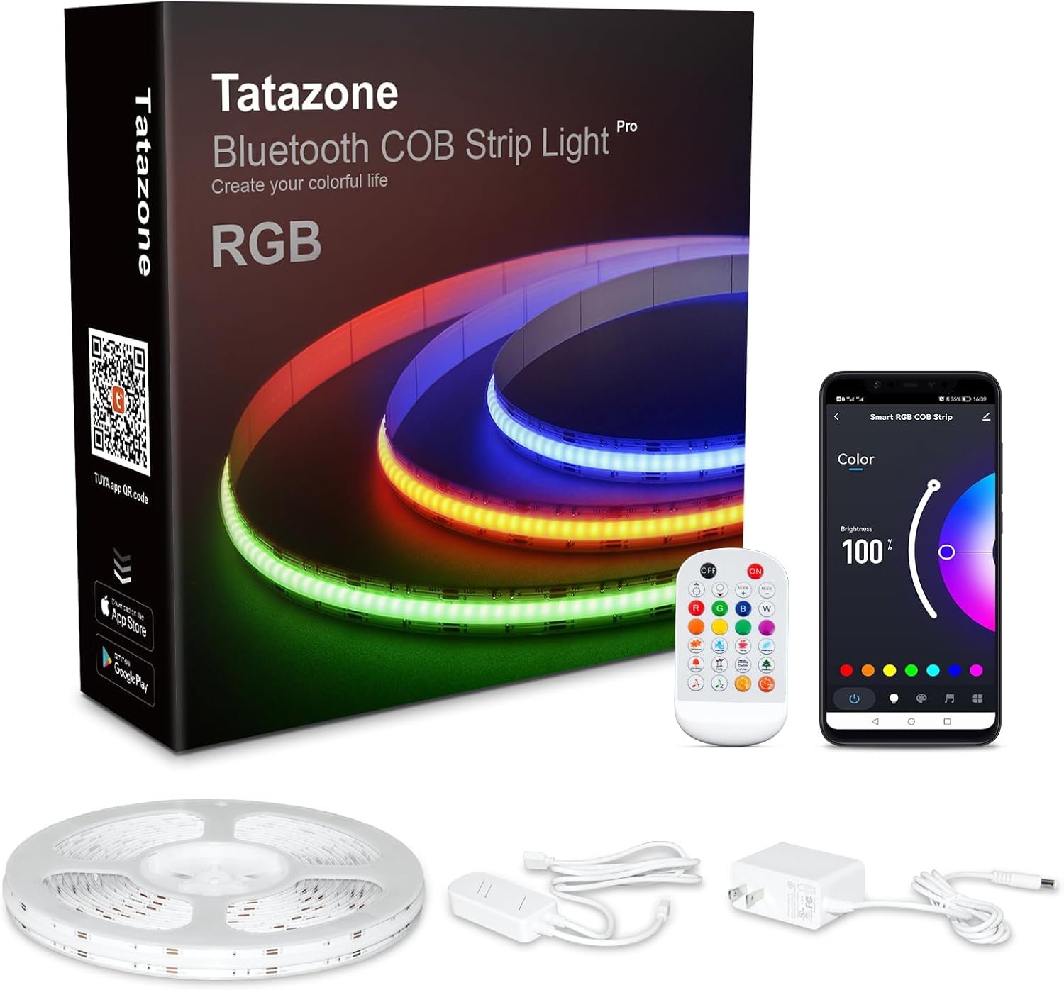 Tatazone 9.84ft Bluetooth RGB COB Led Strip Lights with Remote, Dimmable Smart App Led COB Light Strip, Color Changing Music Sync, Indoor RGB Led Lights Bedroom, Home Decor, Party