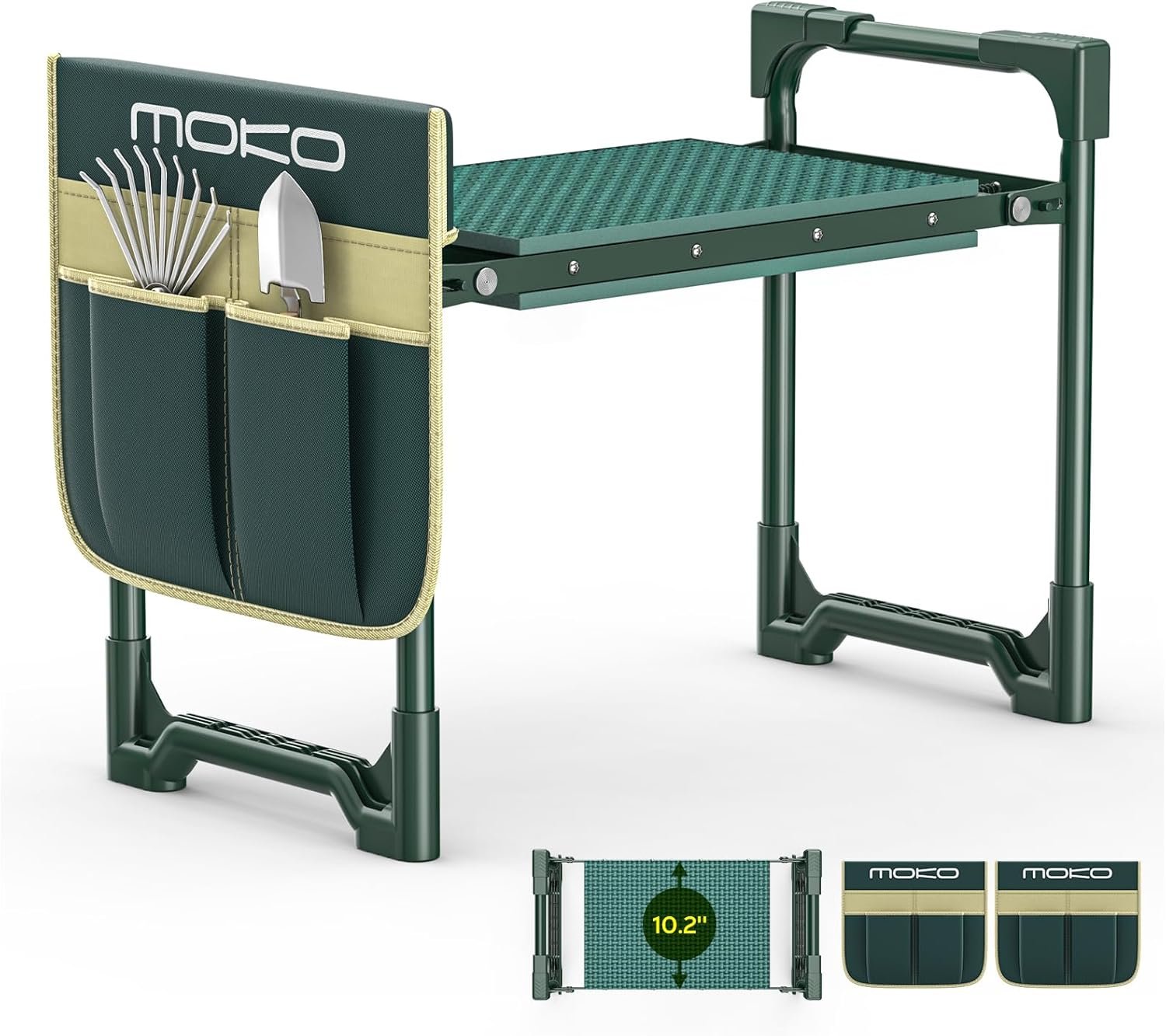 MoKo Garden Kneeler, Heavy Duty Garden Kneeler and Seat Supports up to 350Lbs, Gardening Stool with LargeTool Bag, Foldable Kneeling Stool Space Saving, Gardening Gifts for Women, Seniors, Dark Green