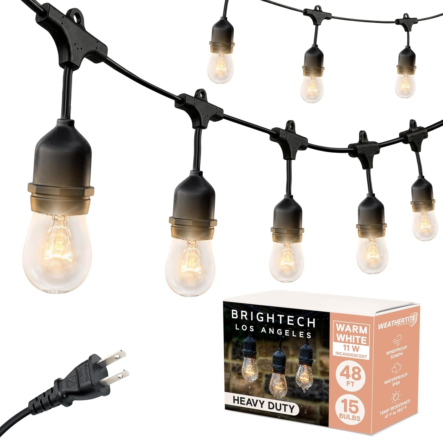 Brightech Ambience Pro Incandescent Outdoor String Lights – Commercial Grade Waterproof Patio Lights with 48 Ft Dimmable Edison Bulbs, Porch String Lights for Patio, Backyard – 15 Bulbs 11W