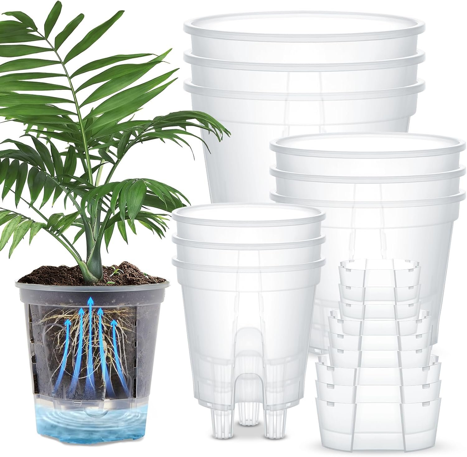 Wonderjune Self Watering Pots for Indoor Plants with Deep Reservoir and High Drainage Holes for Outdoor Plants and Flowers, Bare Root Planter(4.72”, 5.91”, 7.09”,Clear,9 Pcs)