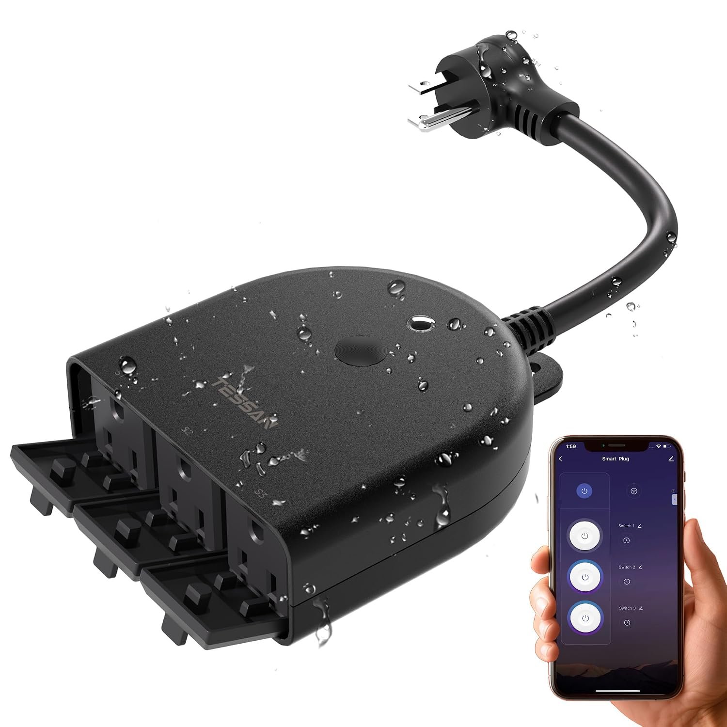 TESSAN Outdoor Smart Plug Waterproof, 2.4GHz WiFi Only, 15A/1875W Heavy Duty, 3 Individual Sockets Compatible with Alexa Google Home, Remote Control Timer