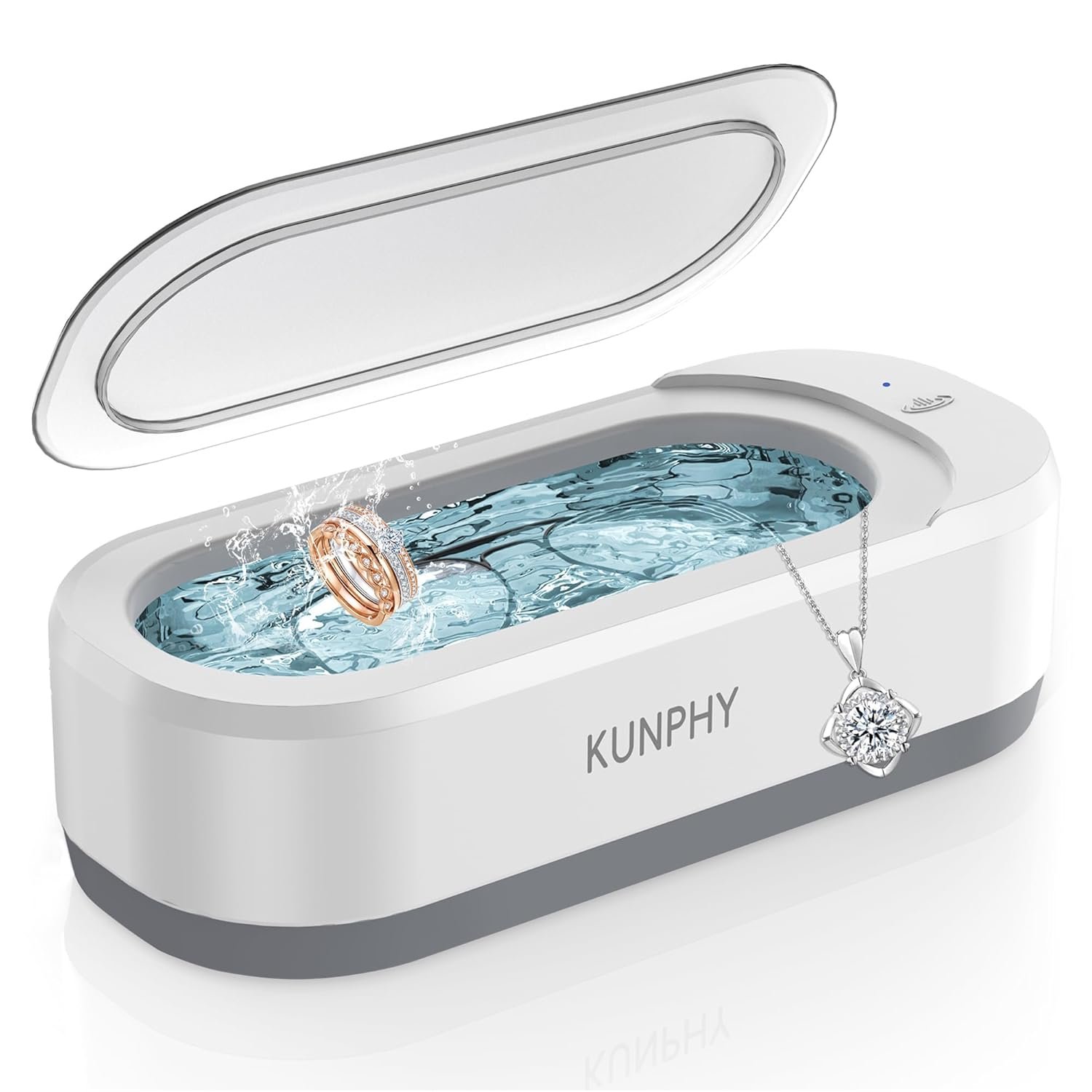 KUNPHY Ultrasonic Jewelry Cleaner, Jewelry Cleaner Machine 12oz 46KHz, Professional Sonic Cleaner with One-Touch Operation, Sonic Cleaner for Rings, Glasses, Jewelry, Dentures White