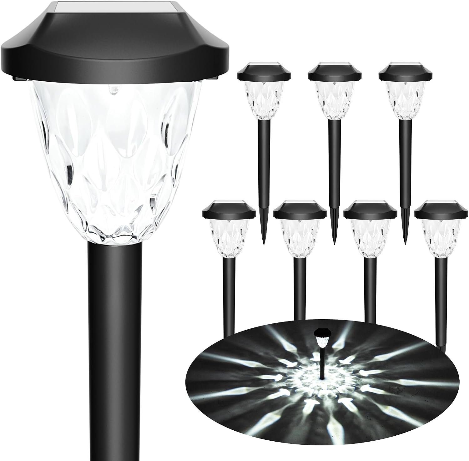 GIGALUMI Solar Pathway Lights, 8 Pack Outdoor Waterproof | Elegant pattern auto on/off dusk to dawn. Perfect for yard, garden, walkway, driveway, lawn. 8-pack landscape set.