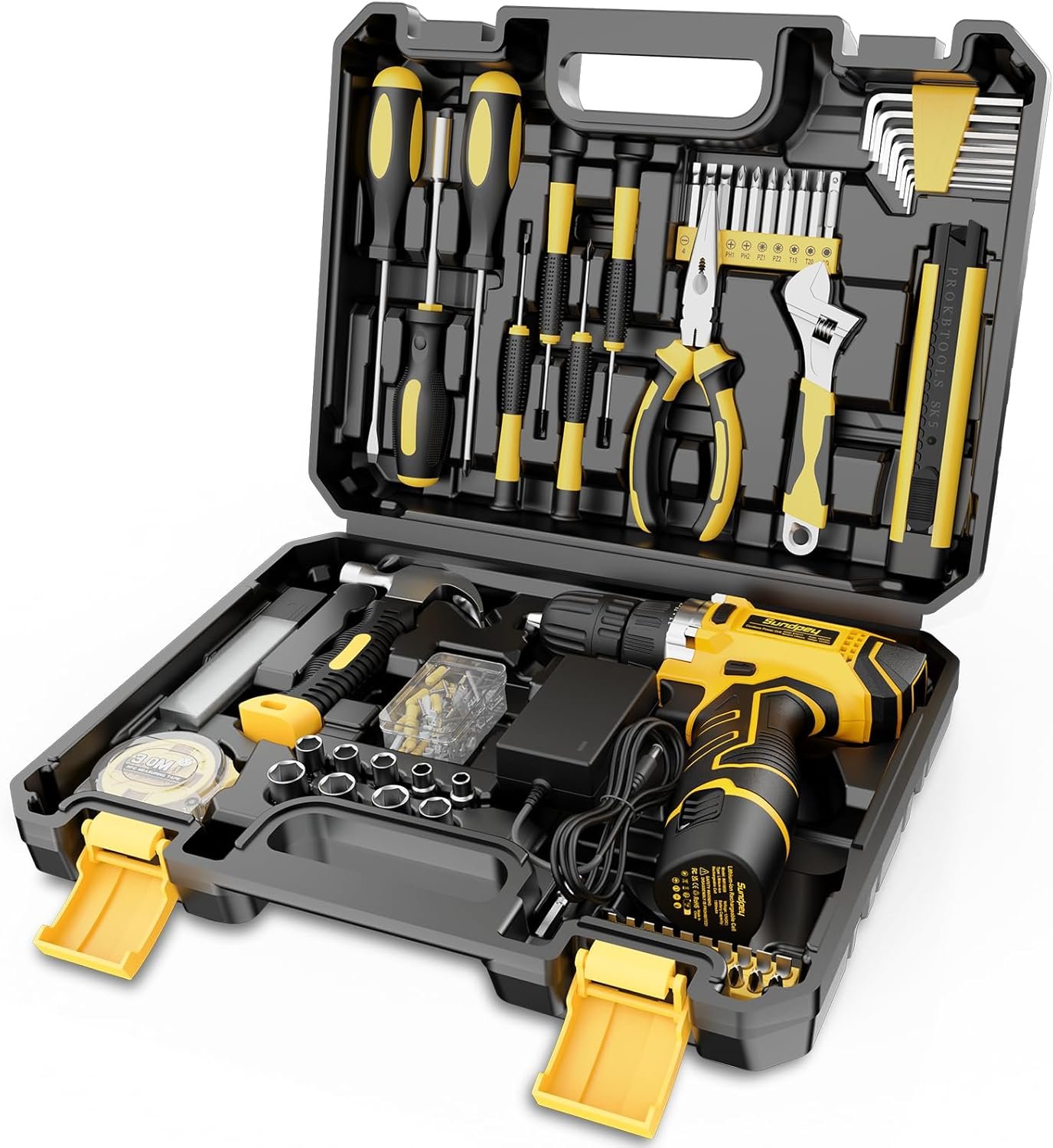 Sundpey Home Tool Kit with Drill – 166-Piece General Basic Home Repair Tool Set with 12V Cordless Power Drill & Battery & Charger & Portable Tool Box for Garden Office House Apartment Repair Men Women
