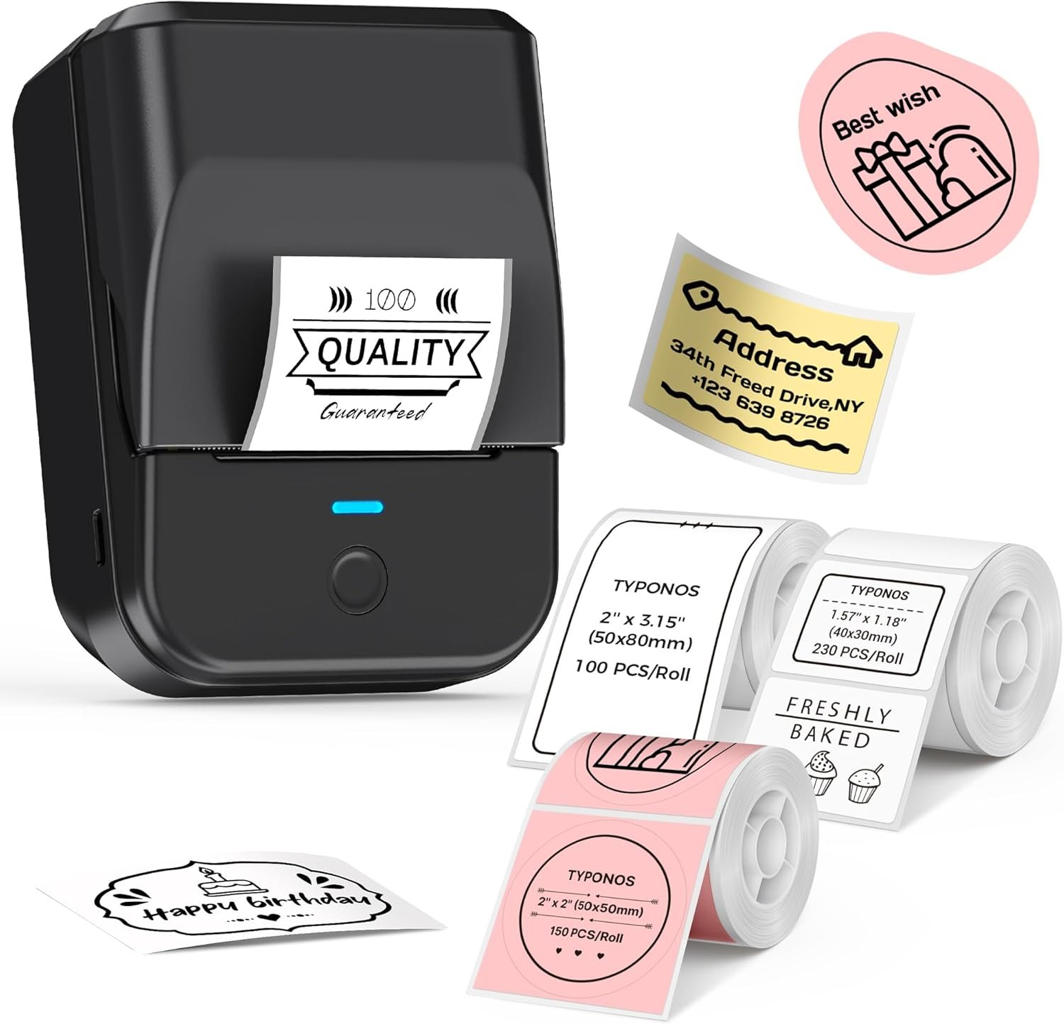 PM240 Label Maker Machine with 3 Tapes, 2″ Portable Thermal Label Printer, Bluetooth Address Label Maker with Multiple Templates for Small Business, Home, School, Safety Label Makers, Set 1