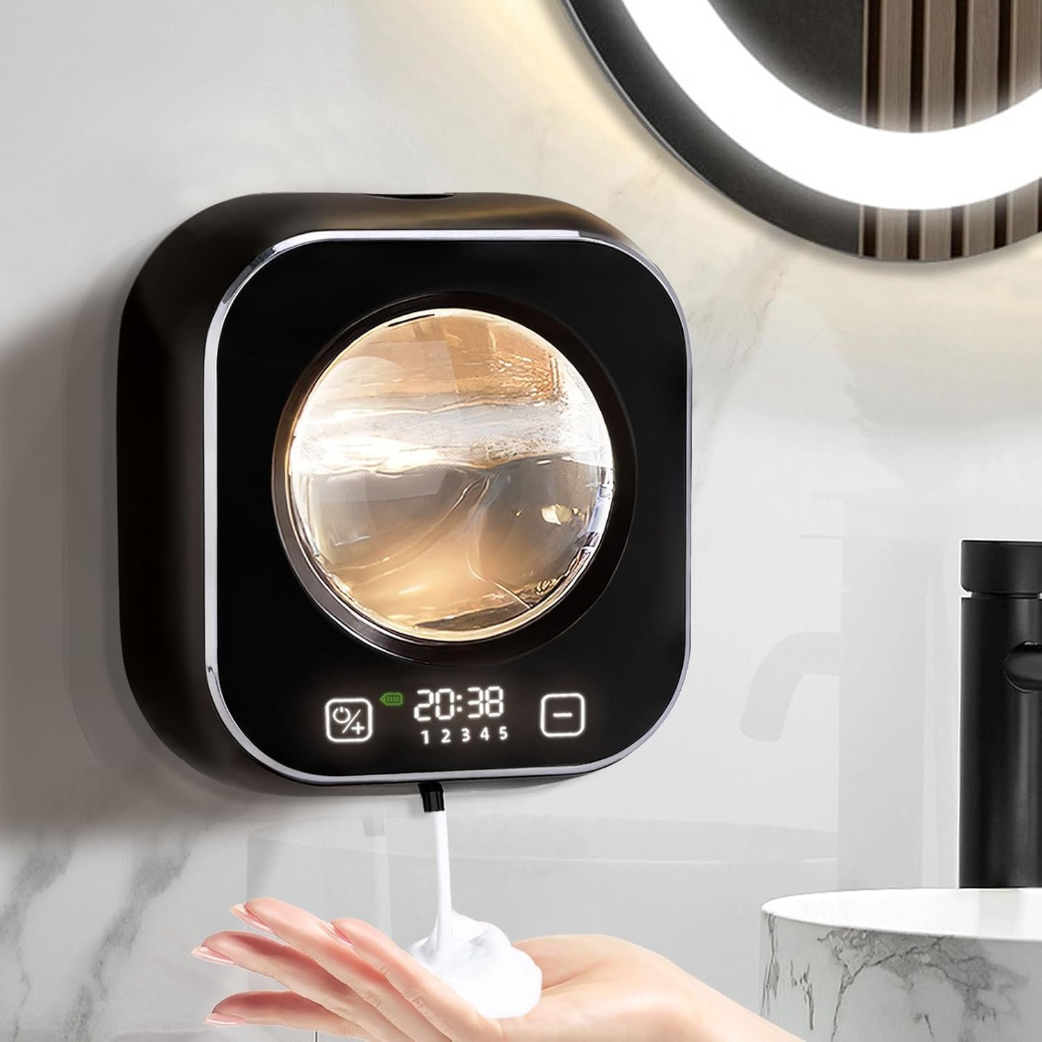 Automatic Soap Dispenser, 320ML Touchless Smart Hand Soap Dispenser, 5 Adjustable Soap Levels, Rechargeable Wall Mounted Electric Foam Soap Dispenser for Bathroom Kitchen Office (Black)