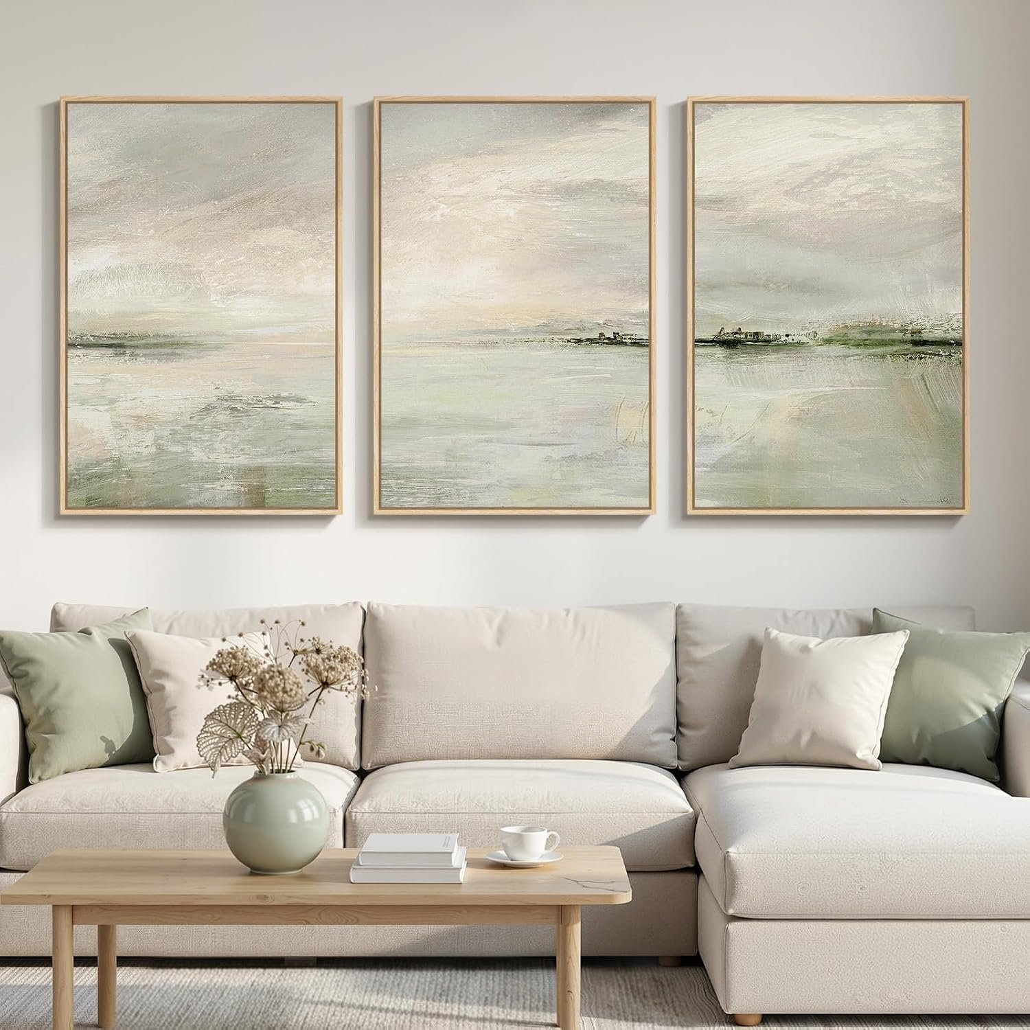 Large Framed Sage Green Abstract Landscape Wall Art for Living Room, 3 Piece Modern Canvas Prints Paintings Artwork for Walls, Oversized Pictures for Hallway Dining Bedroom Office Wall Decor 24×36 In
