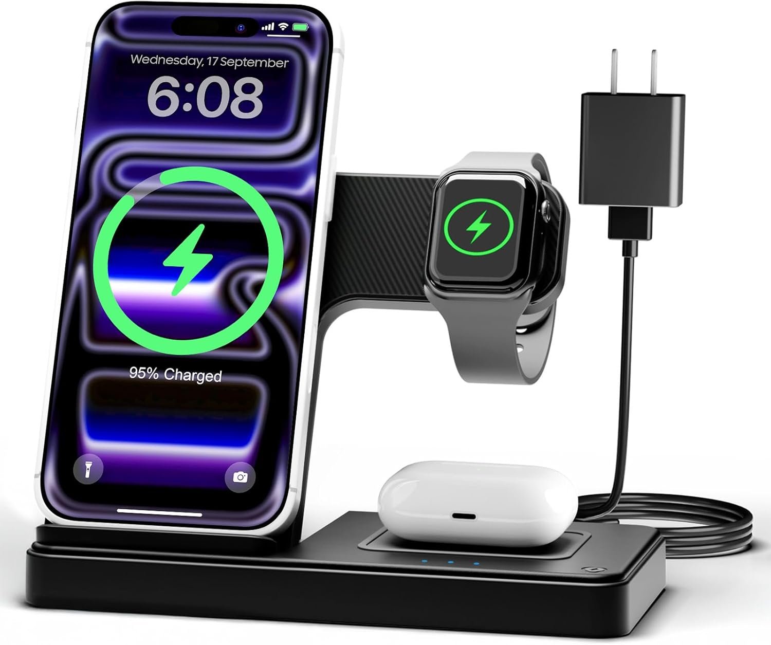 Wireless Charger iPhone Charging Station: 3 in 1 Charger Stand Multiple Devices for Apple – iPhone 17 16e 16 15 14 Pro Max 13 12 11 – Watch 11 10 9 8 7 6 5 4 3 2 SE and Ultra Series – Airpods 4 3 Pro