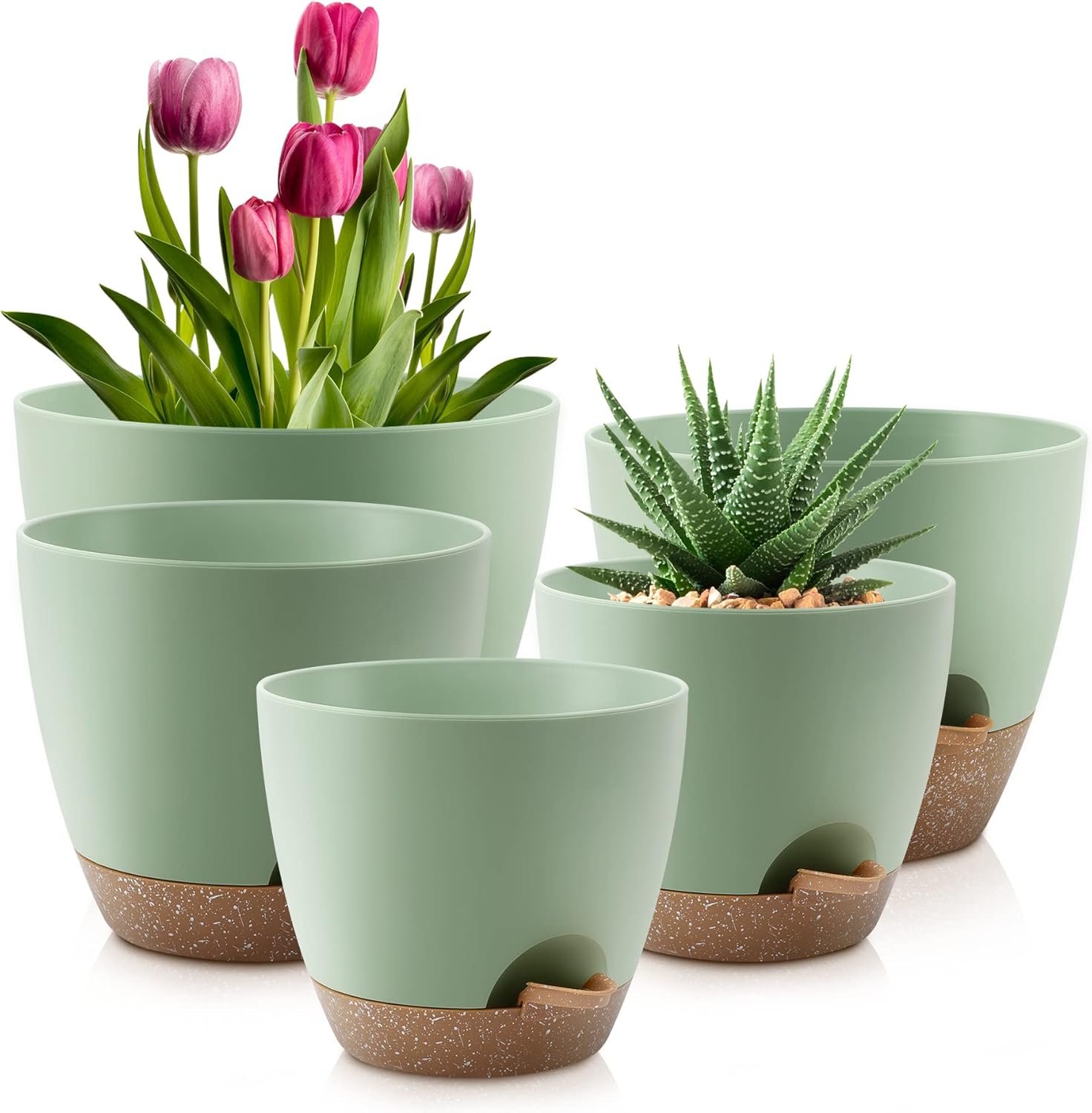QRRICA Plant Pots 10/9/8/7.5/7 Inch Self Watering Pots, Set of 5 Plastic Planters with Drainage Holes and Saucers,Plastic Flower Pots,Nursery Planting Pot for Indoor Out Door Plants（Green）