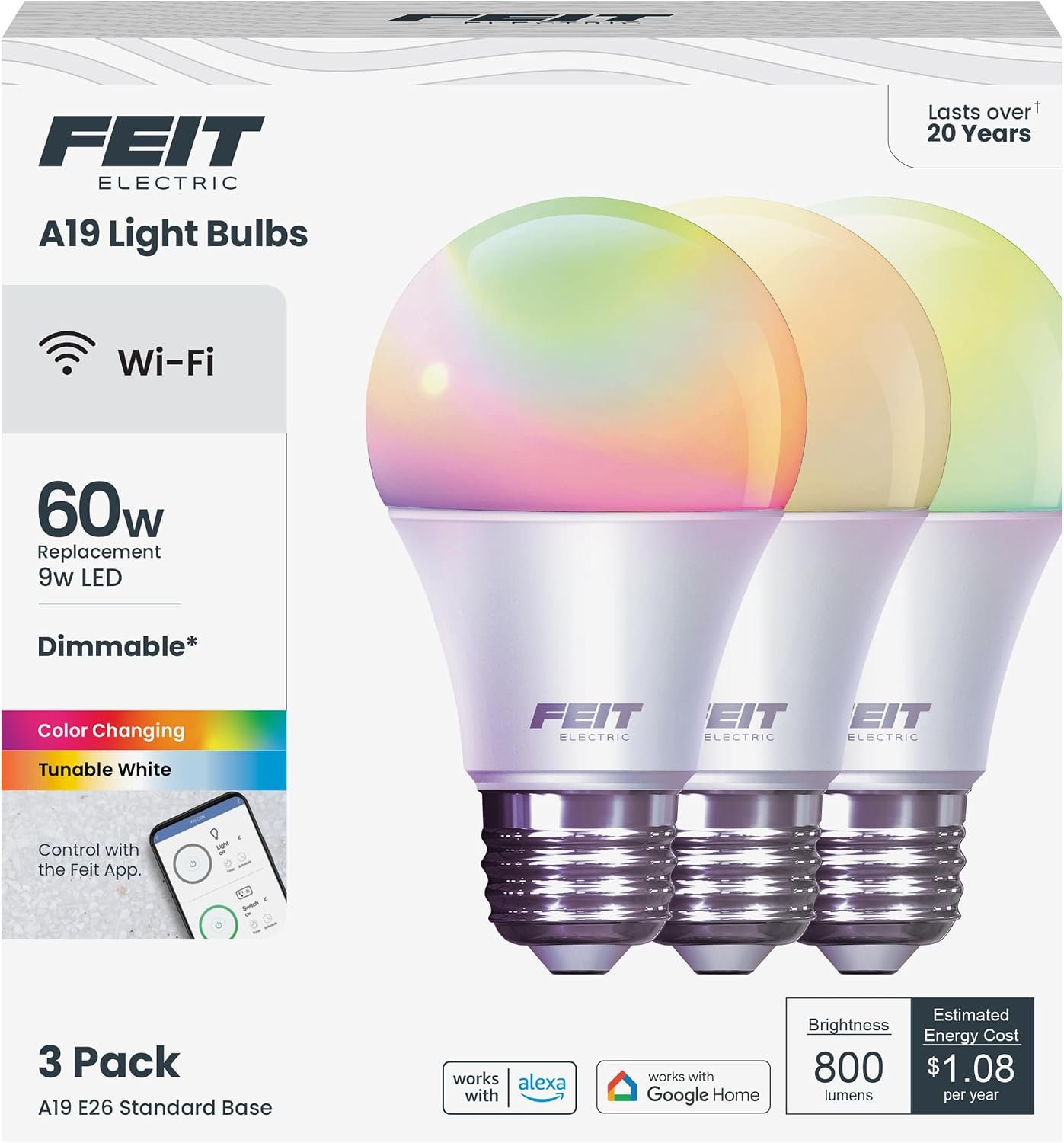Feit Electric OM60/RGBW/CA/AG/3 60 Watt Equivalent WiFi Color Changing and Tunable White, Dimmable, No Hub Required, Alexa or Google Assistant A19 LED Smart Light Bulb, 3-Pack, Rgbw Multicolor, 60W