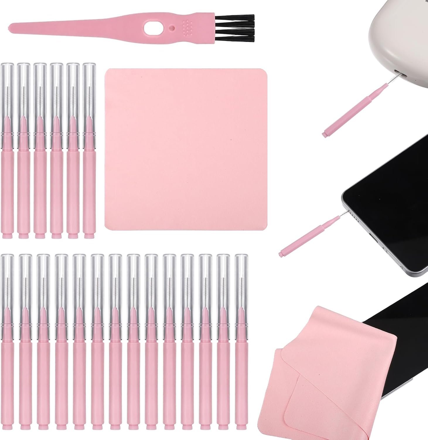 22pcs Phone Charging Port Cleaner, USB C Cleaning kit, Pink Phone Speaker Clean, Cell Phones Port Cleaning-Brush, Reusable Cleaning-Brush for Tablet Camera Laptop Computer Smartphone