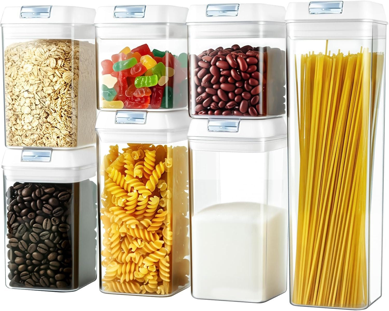 Airtight Food Storage Containers with Lids 7 pcs Plastic Kitchen and Pantry Organization Canisters for Cereal, BPA Free Kitchen Canisters for Spaghetti, Pasta (Airtight Food)