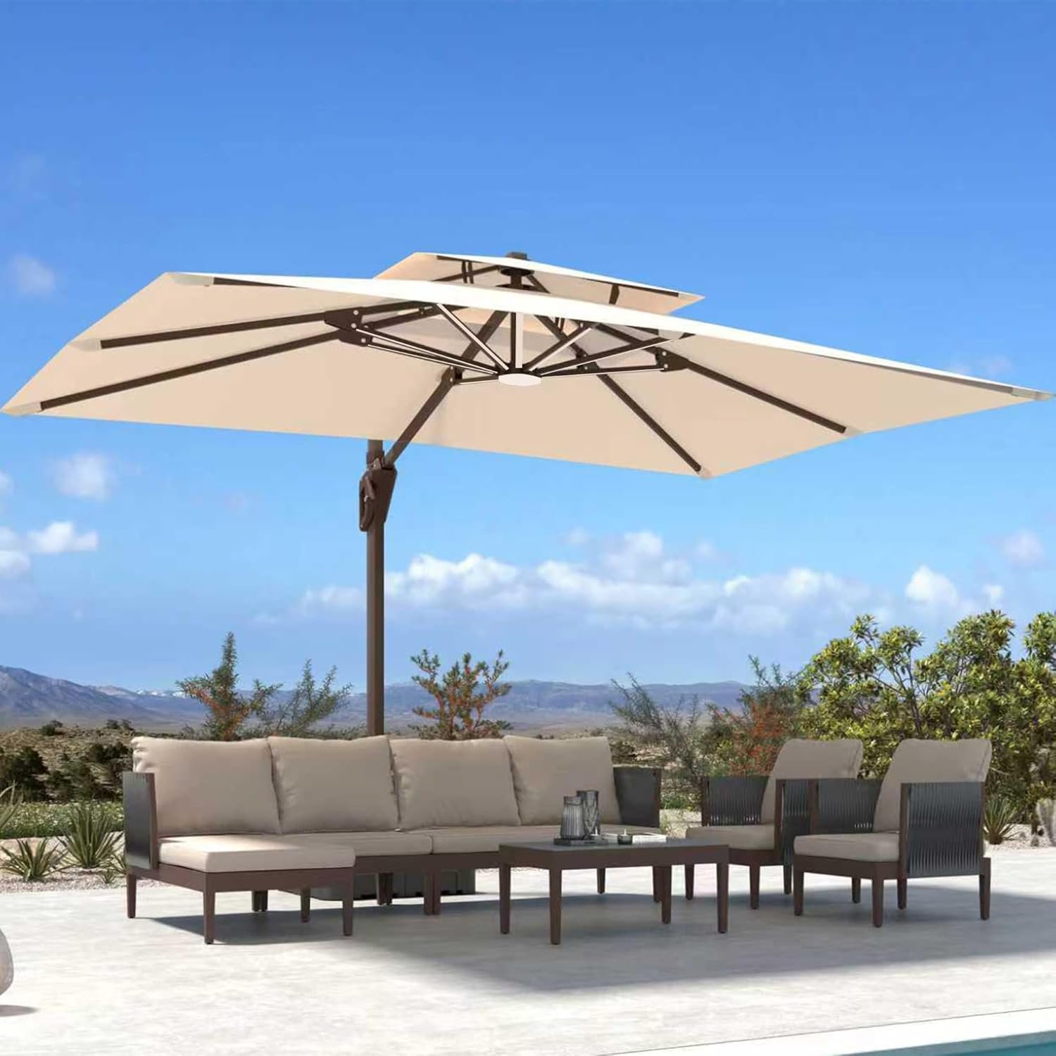 10′ X 13′ Patio Umbrella with Weighted Base and LED Lights Outdoor Cantilever Large Rectangle Offset Umbrellas Heavy Duty Aluminum Double Top with 360-degree Rotation for Pool Garden Deck, Beige