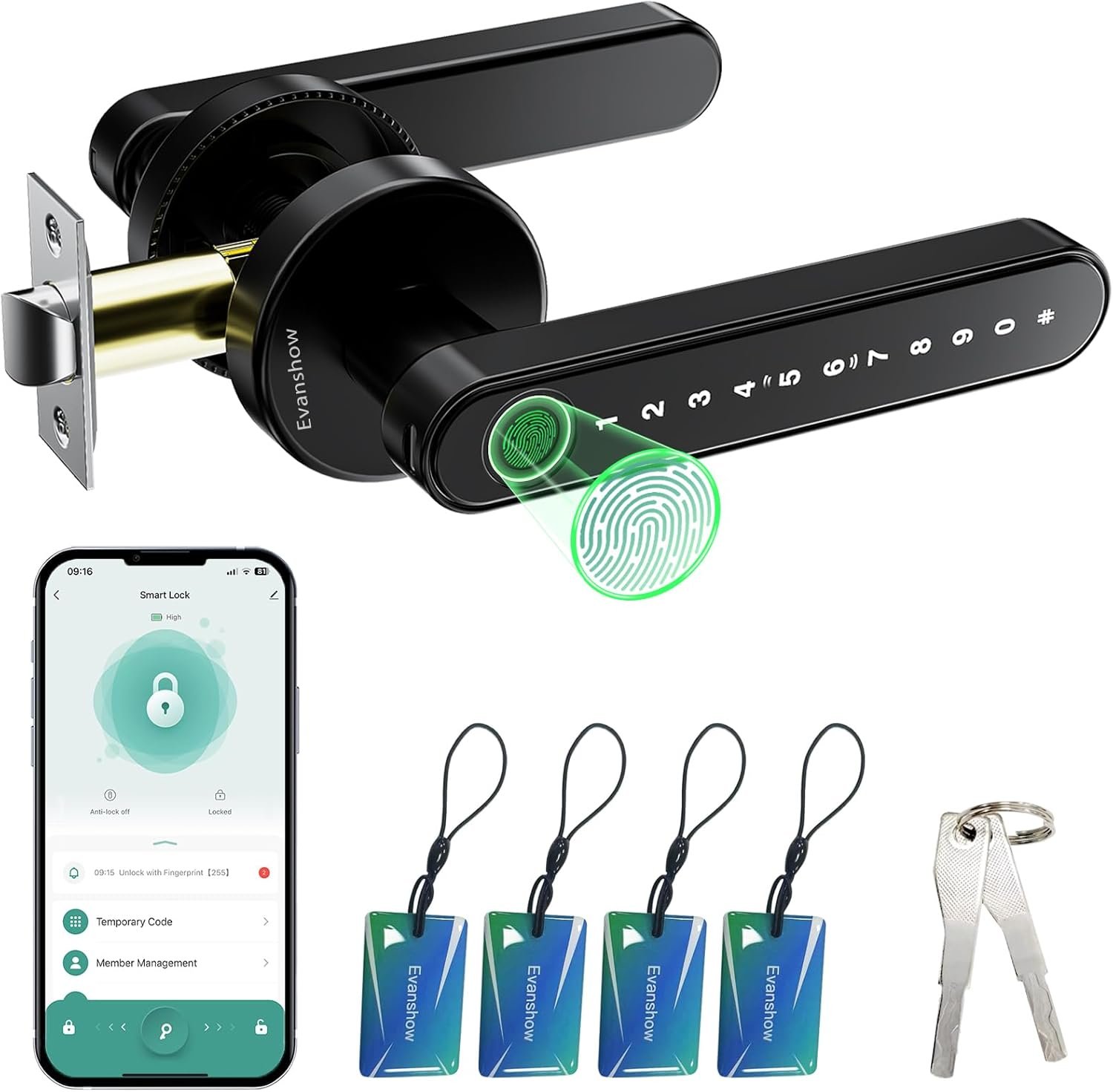 Smart Door Lock with Knob, Keyless Entry Door Locks with Handle, Fingerprint Door Knob for Bedroom/Front Door/Apartment,Generate Passcode Remotely Black