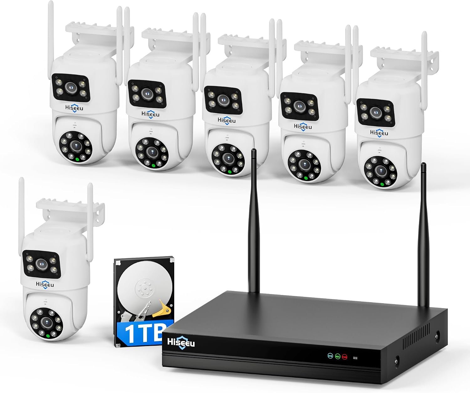 Hiseeu Wireless Security Camera, 6 Cam-Kit, 1TB HDD | 5G&2.4G WiFi Pro, Dual Lens, Auto Tracking, Color Night Vision, No Subscription, Need Plug in