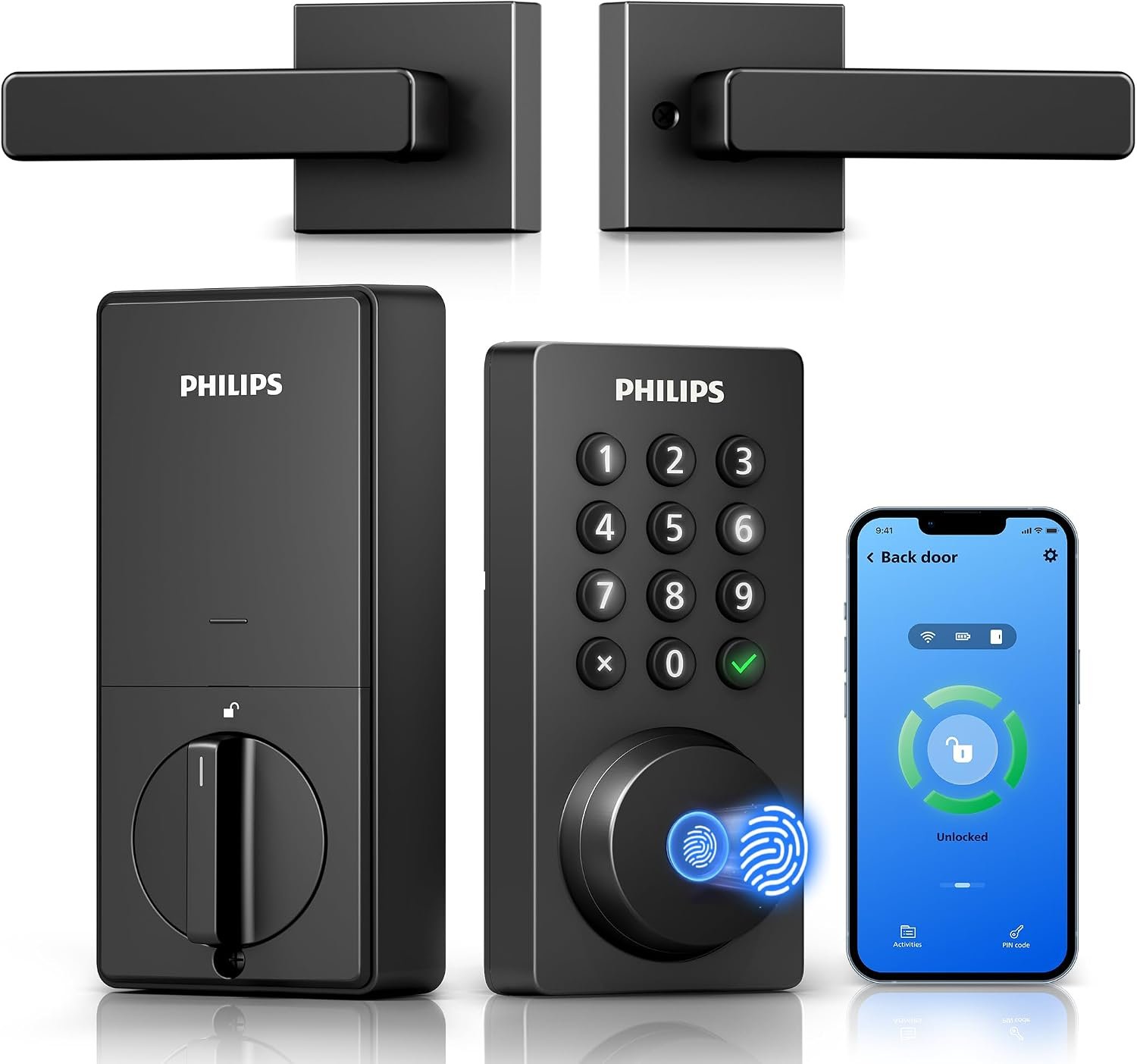 Philips WiFi Keypad Door Lock with Handle, Built-in WiFi, APP Remote Control, Voice & Fingerprint Unlock, Smart Locks for Front Door with Auto Lock, Digital Front Door Lock Set, Keyless Entry Deadbolt
