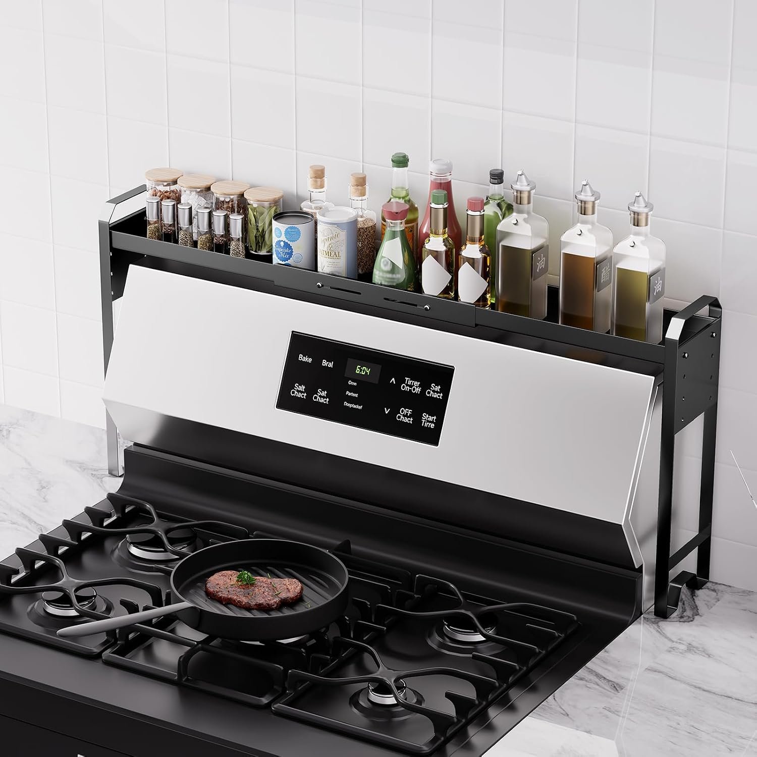 Kitchen Spice Rack Over The Stove, Shelf for Back of Stove, Stove Top Shelf for Seasoning Organizer, Over Oven Shelf, Countertop, Expandable Length 27.3”-32.6”, 4 Adjustable Height (Black, Normal)