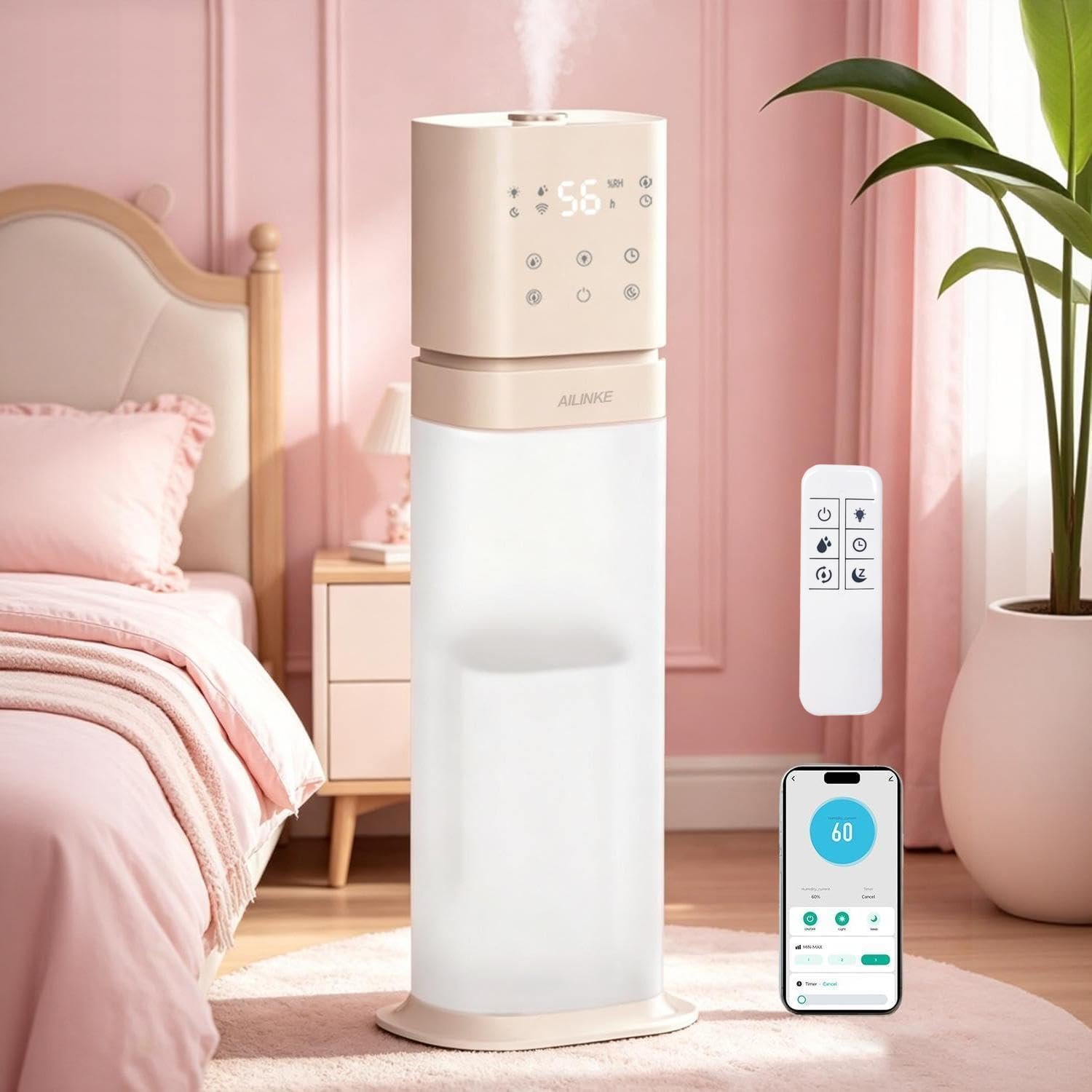 Humidifiers for Bedroom 2.1Gal/8L, Smart Humidifier for Large Room, Cool Mist Humidifiers for Home Kids Baby Plants, Top Fill Humidifier with Extension Tube, WIFI APP & Voice Control, Pink