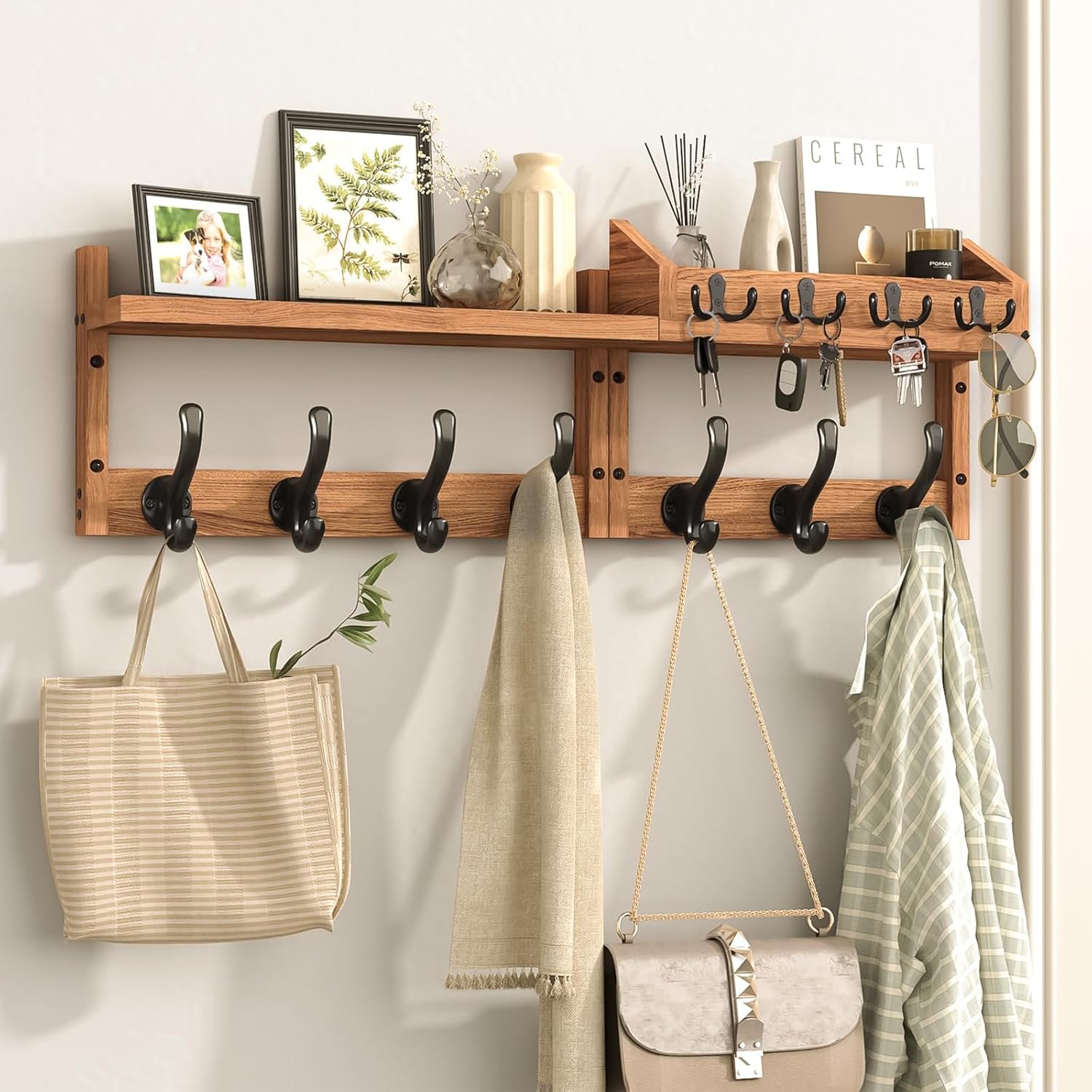 Evermagin 29″ Coat Rack Wall Mount with Shelf, 4 in 1 Wall Mounted Coat and Key Hanger with 11 Hooks, Entryway Key Holder with Mail Holder for Living Room, Bedroom
