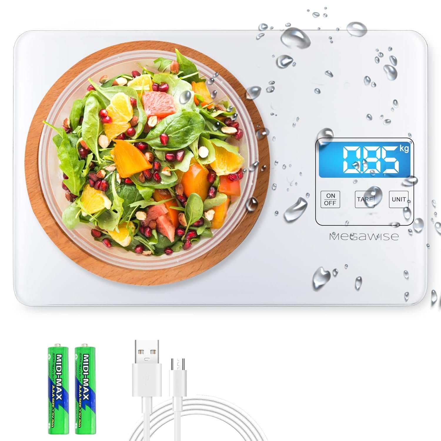 MEGAWISE Food Scale, 33lb Rechargeable Digital Kitchen Scale with 1g/0.04oz Graduation, Water-Resistant Surface, Tare & Hold, 5 Units for Cooking, Baking, Meal Prep