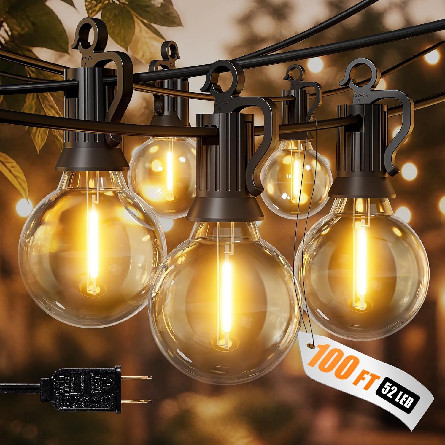 100FT 52 LED Bulbs Outdoor String Lights, G40 Shatterproof String Lights, IP65 Waterproof Connectable Outside Patio Light for Backyard Porch Balcony Garden Decor Christmas Camping Gazebo