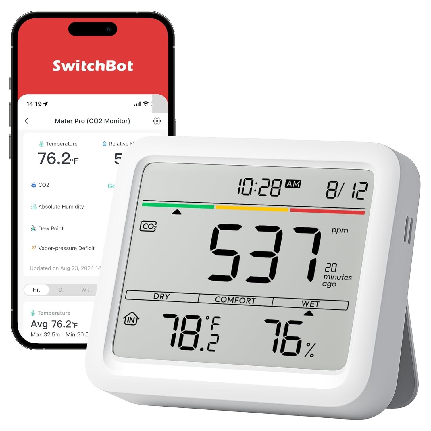 SwitchBot CO2 Detector, Air Quality Monitor Indoor, CO2 Monitor for CO2/TEMP/Humidity, Portable Carbon Dioxide Detector for Home/Car/Office/Greenhouse