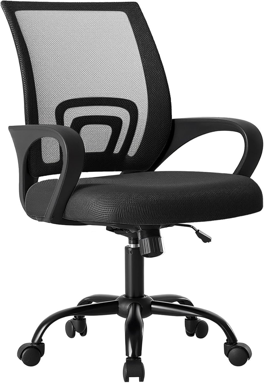 OLIXIS Office Desk Chair – Ergonomic Mid Back with Lumbar Support & Rocking Mode, Height Adjustable with Fixed Armrest, Storage Back for Computer, Gaming, Conference, Meeting, 360° Swivel, Black