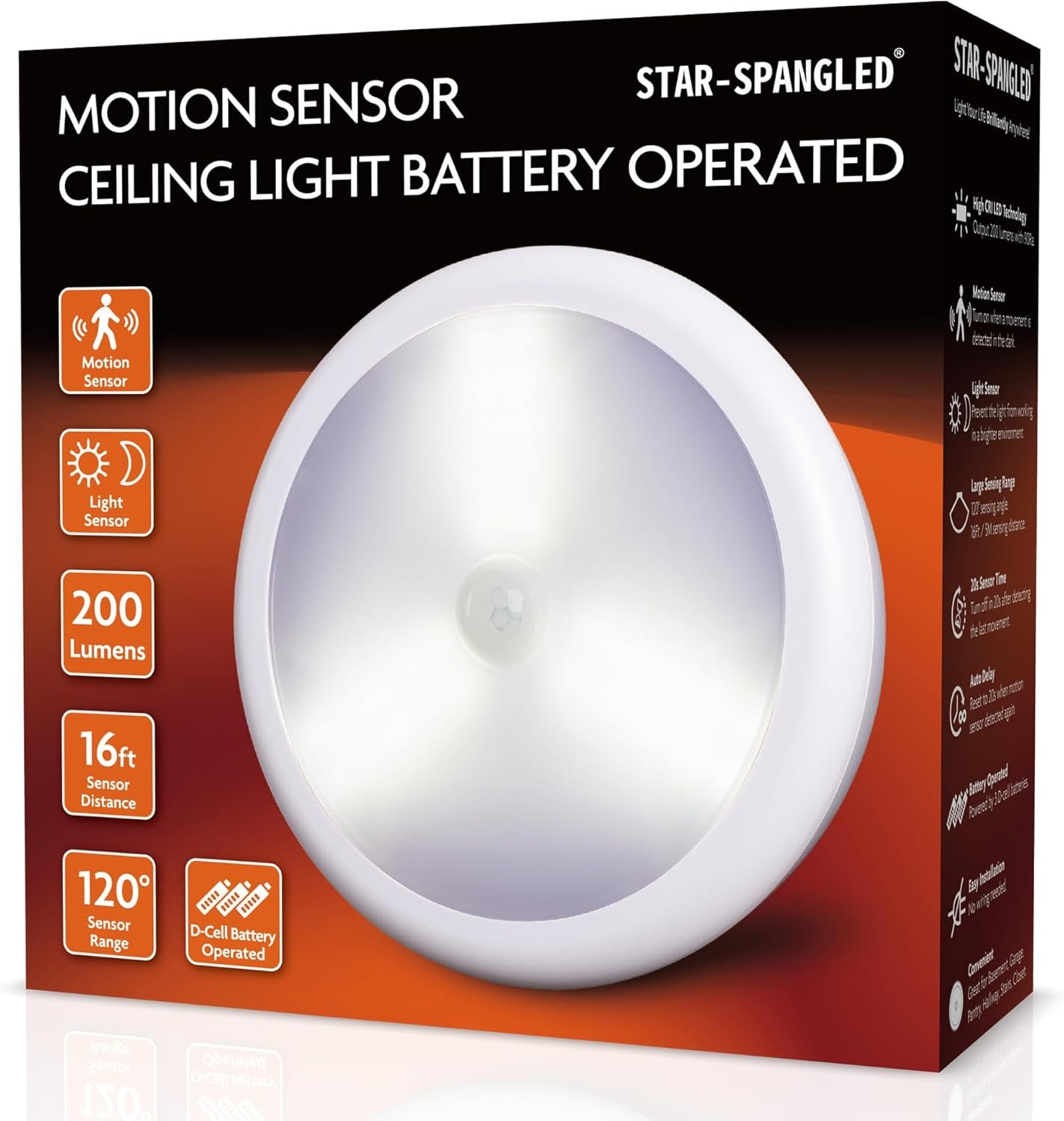 STAR-SPANGLED 6.3” Motion Sensor Ceiling Light Indoor AA or D-Cell Battery Operated for Hallway, Stairs, Basement, Garage, Laundry Area, Closet, Natural White, AA to D Battery Adapters Included
