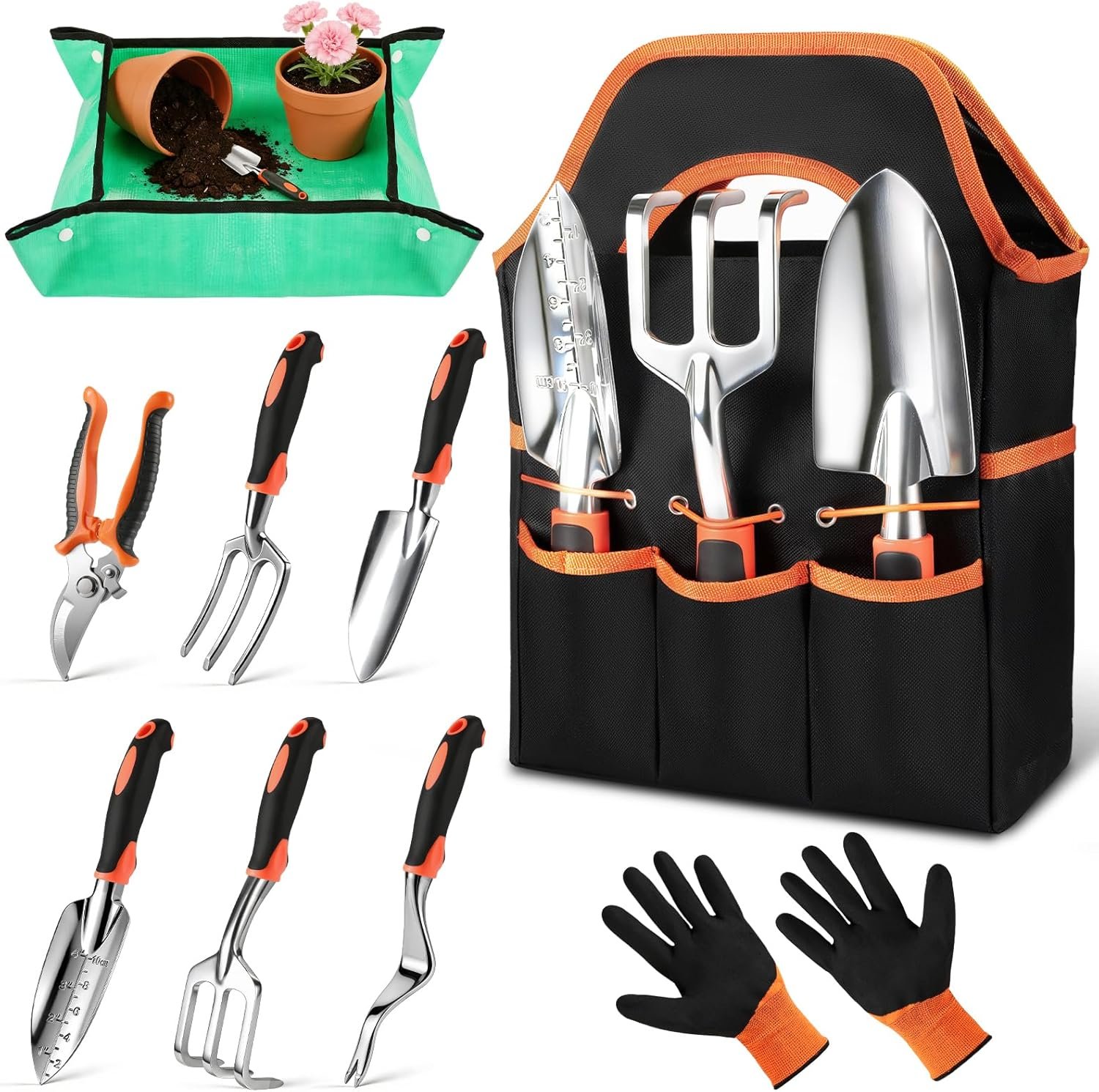 9-Piece Garden Tools Set, Heavy Duty Stainless Steel Kit with Non-Slip Ergonomic Handles & Tote Bag, Rust-Resistant Gardening Supplies for Planting- Gardening Gifts for Women & Men