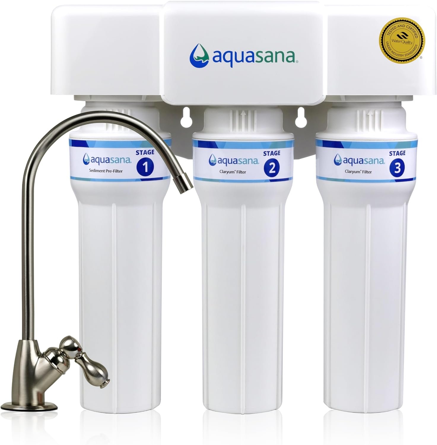 Aquasana Under Sink Water Filter | 3-Stage Max Flow Claryum Filtration | WQA Certified to Reduce PFAS, Lead & Chlorine | Under Counter Drinking Water Filter | Brushed Nickel Faucet | AQ-6300M-BN