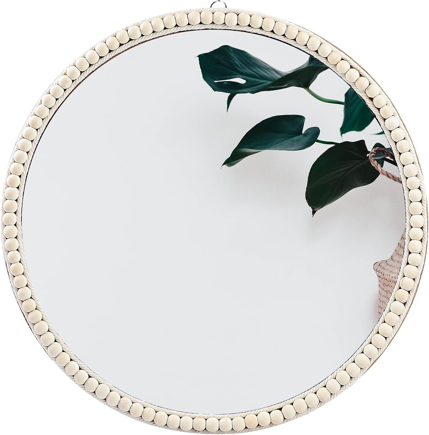 20 Inch Boho Beaded Round Mirror Wall Decor, Decorative Hanging Circle Nursery Mirrors for Girl Room, Farmhouse, Livingroom, Bedroom