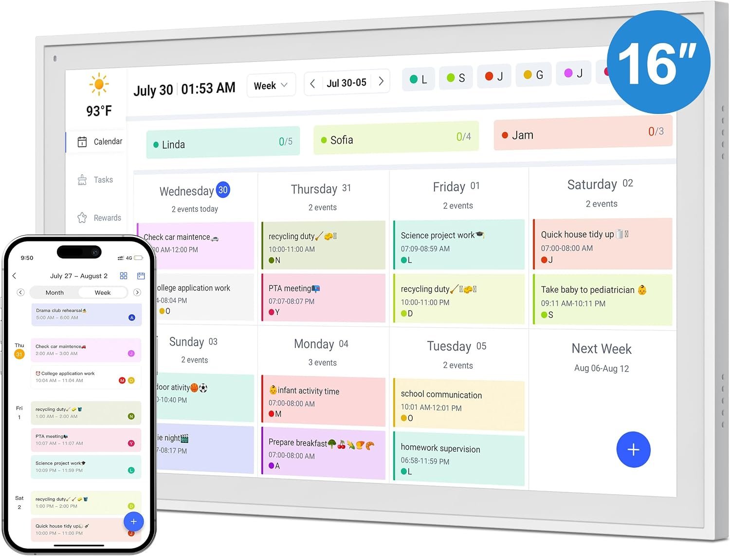 Digital Calendar, 16inch Smart WiFi Electronic Calendar&Chore Chart, IPS Touch Screen HD Display for Family Schedules, Share Moments Instantly from Anywhere (White)