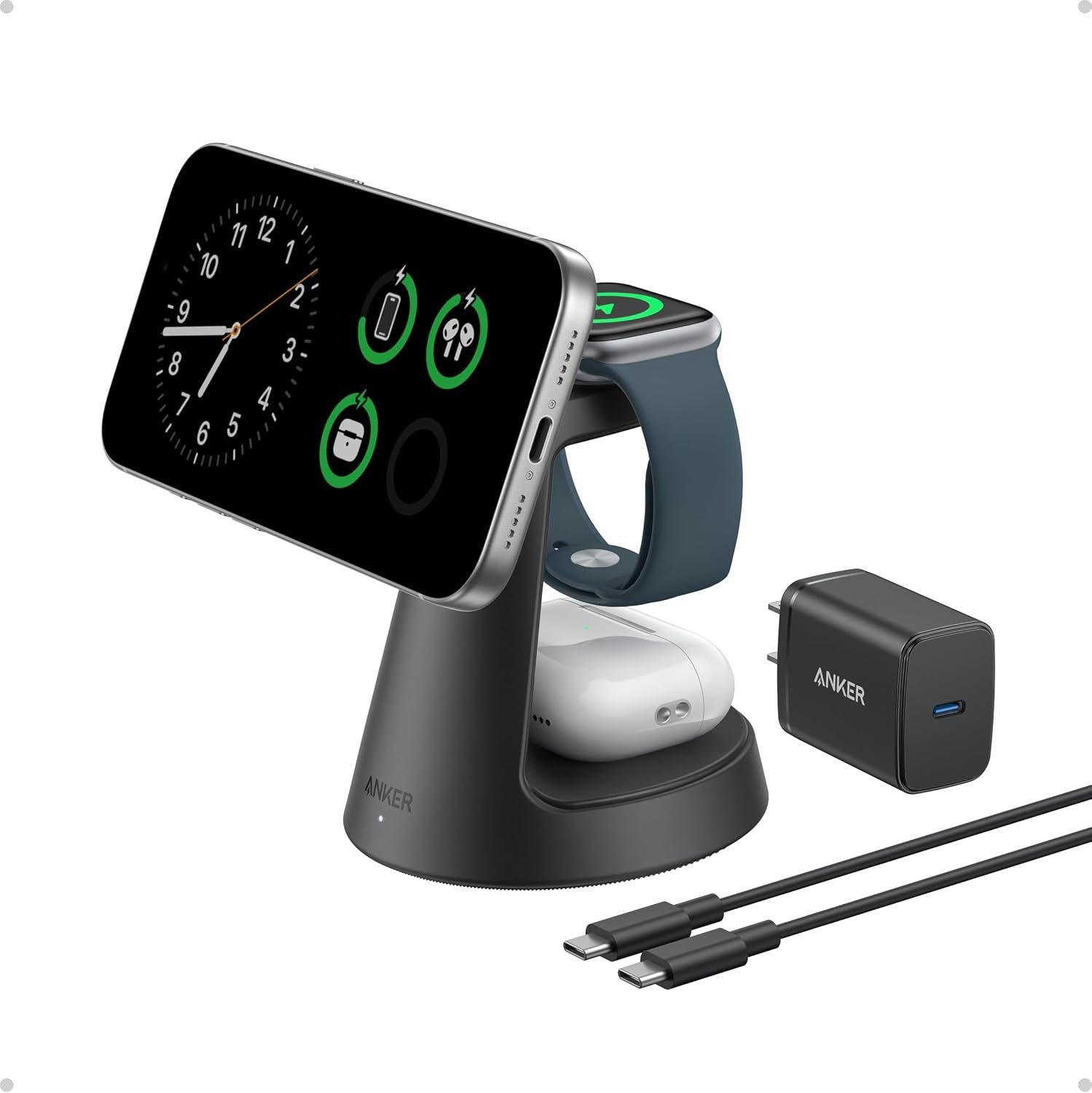 Anker MagSafe Charger Compatible, MagGo 3-in-1 Charging Station, Nano Charging Stand, Qi2 Certified 15W Magnetic Wireless Charger Dock, for iPhone 17/16/15/14, Apple Watch, AirPods (Adapter Included)