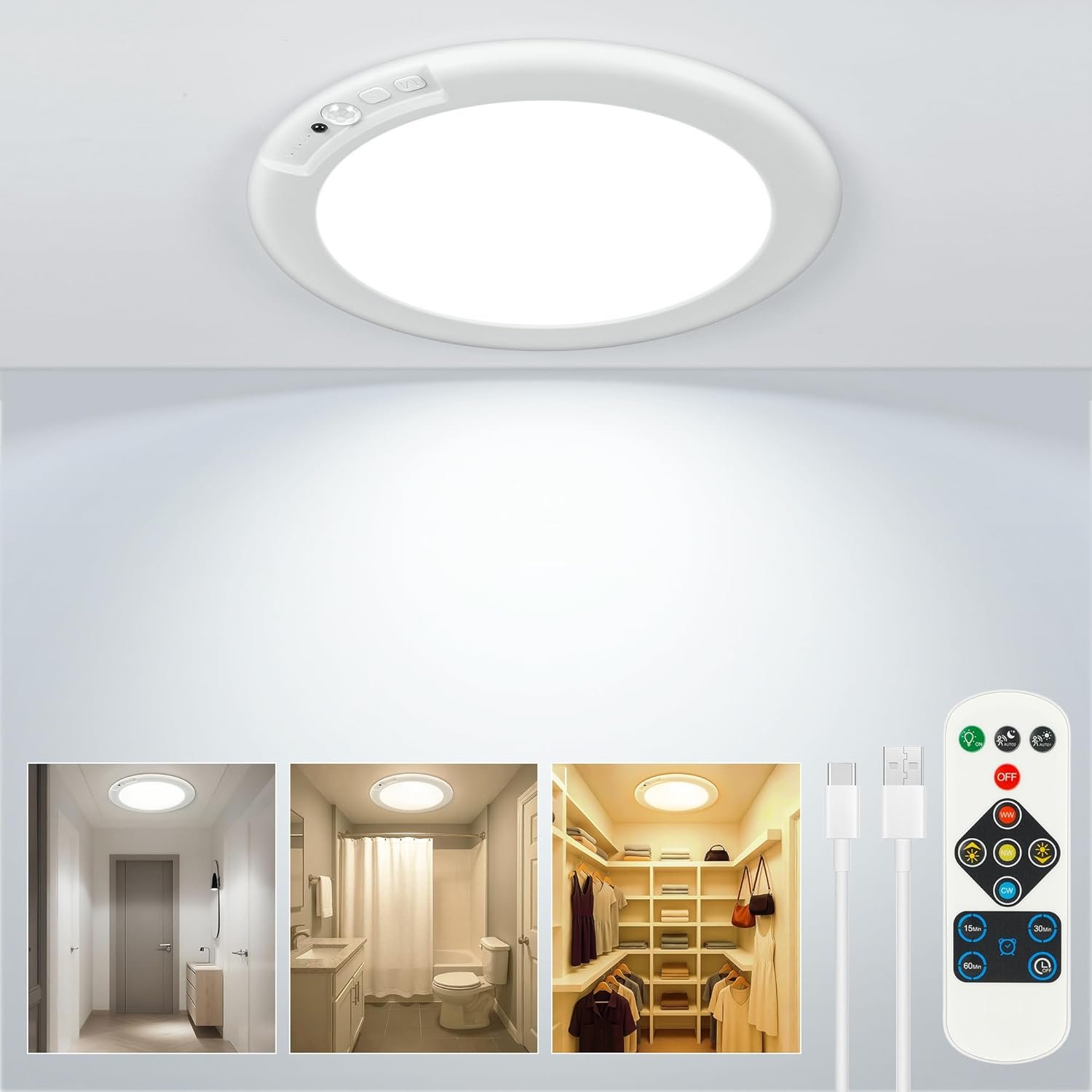 Wireless Closet Lights Motion Sensor – No Wiring Rechargeable Ceiling Light Night Light Indoor, Battery Operated Led Lights for Bedroom with Remote, Living Room Bathroom Home & Kitchen Decor Lighting