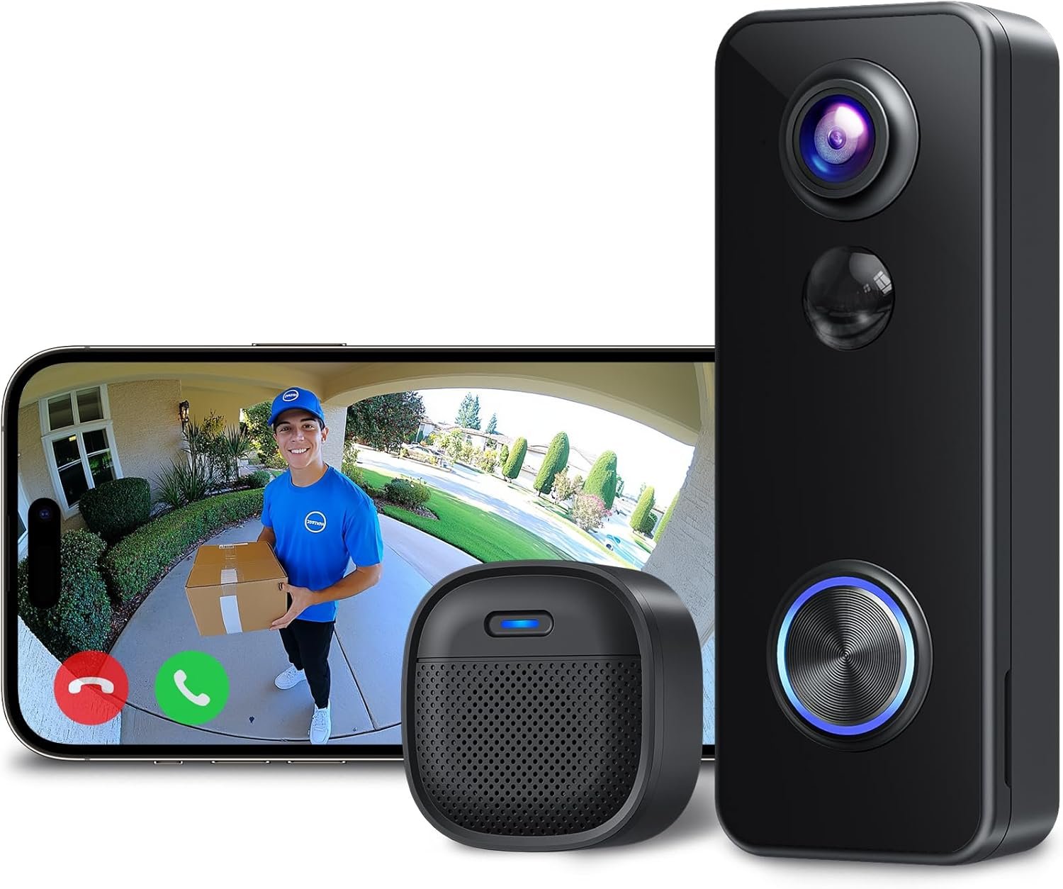 XTU Battery Doorbell, 180° Head-to-Toe Video, Live View with Two-Way Talk, No Monthly Fee, 2.4G Wi-Fi with Chime, Local/Cloud Storage, Human Detection, Compatible with Alexa & Google Home