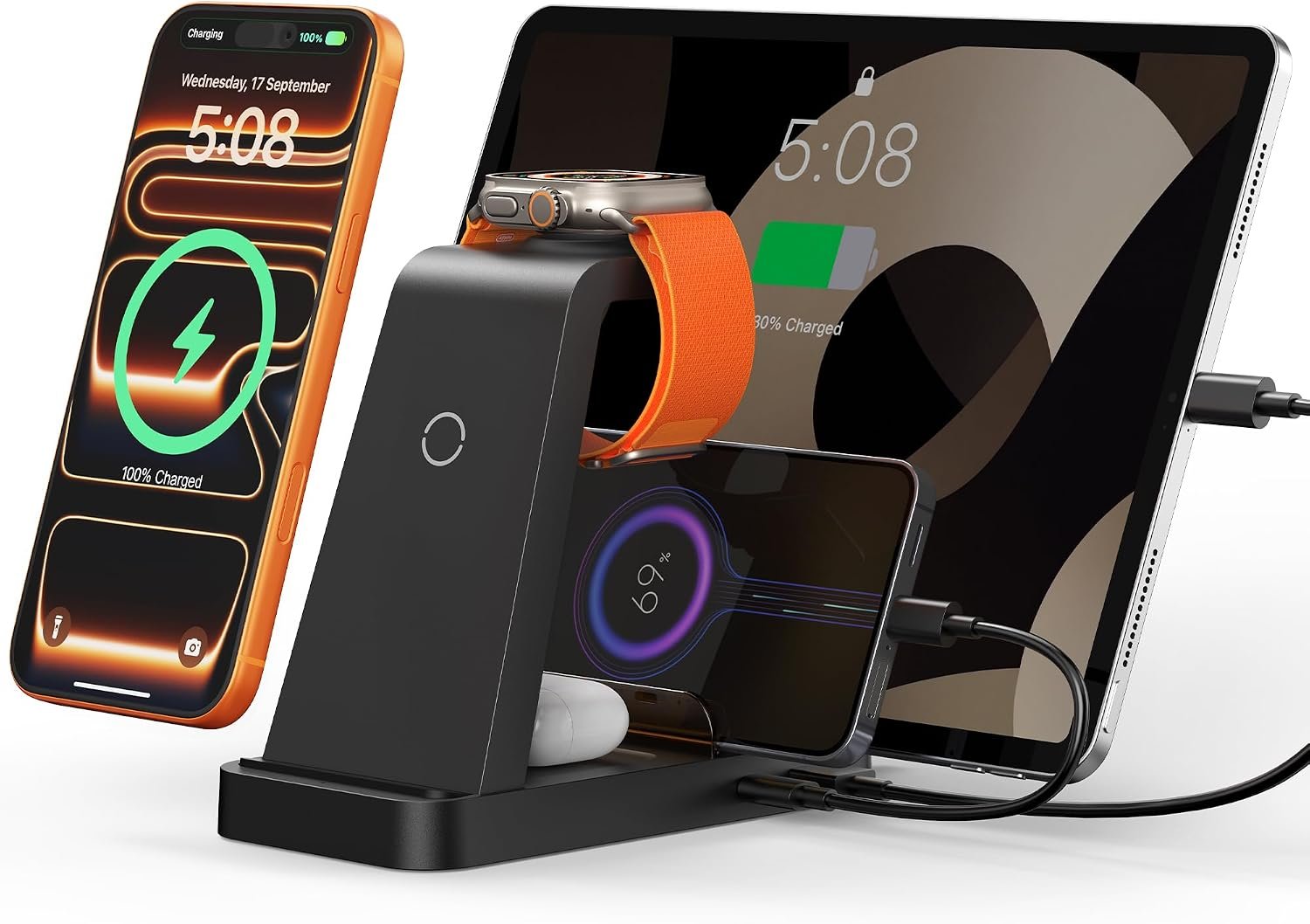 Wireless Charger for iPhone – 5 in 1 Charging Station for Multiple Devices Apple: Fast Wireless Charging Stand Dock for iPhone 17 16e 16 15 14 13 12 Pro Max Apple Watch Airpods