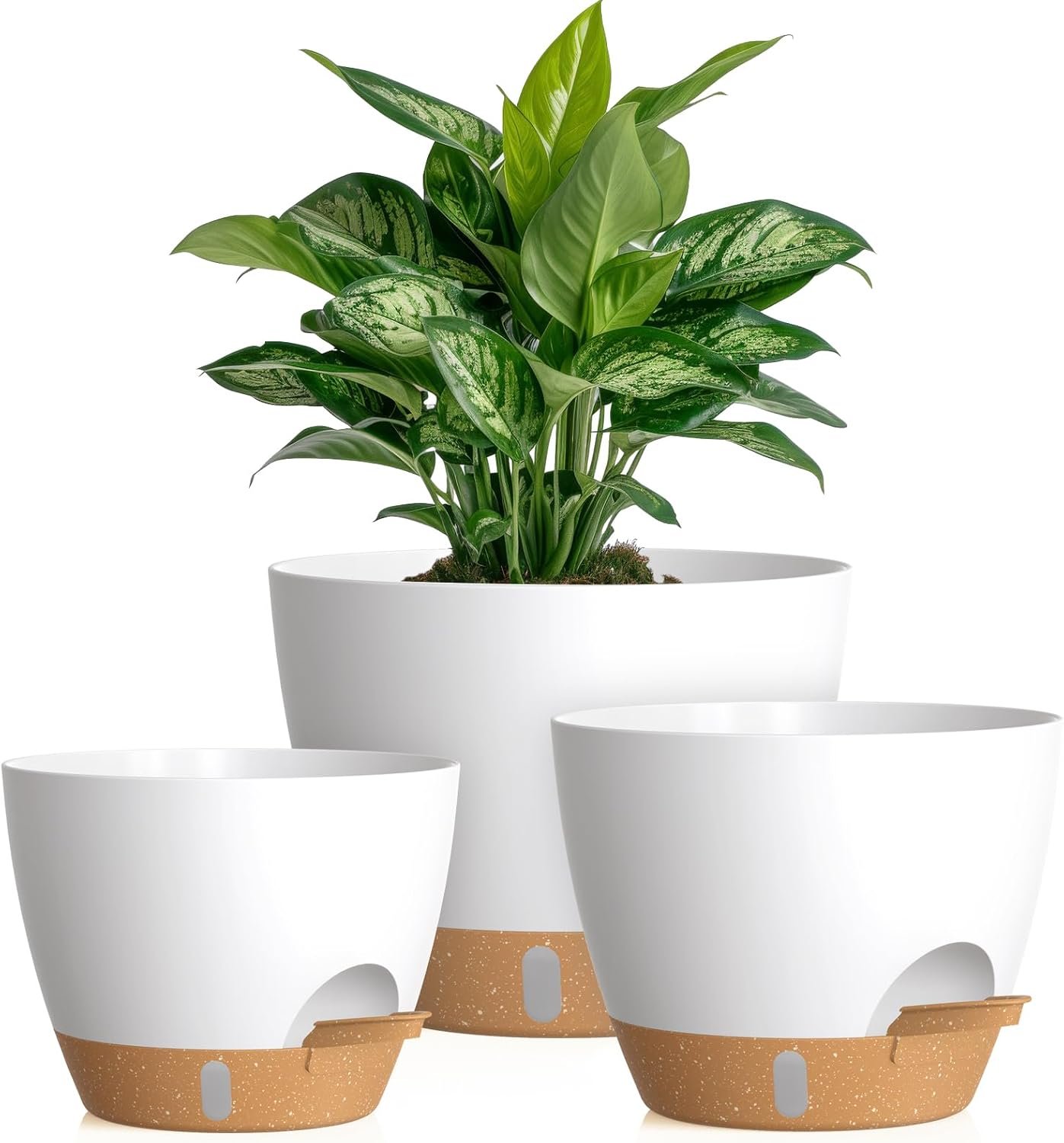 Self Watering Pots with Drainage Holes, 3 Pack 12/10/8 Inch Plant Pots with Water Level Indicator Deep Reservoir, Large Plastic Planter for Indoor Outdoor Plants – White Brown