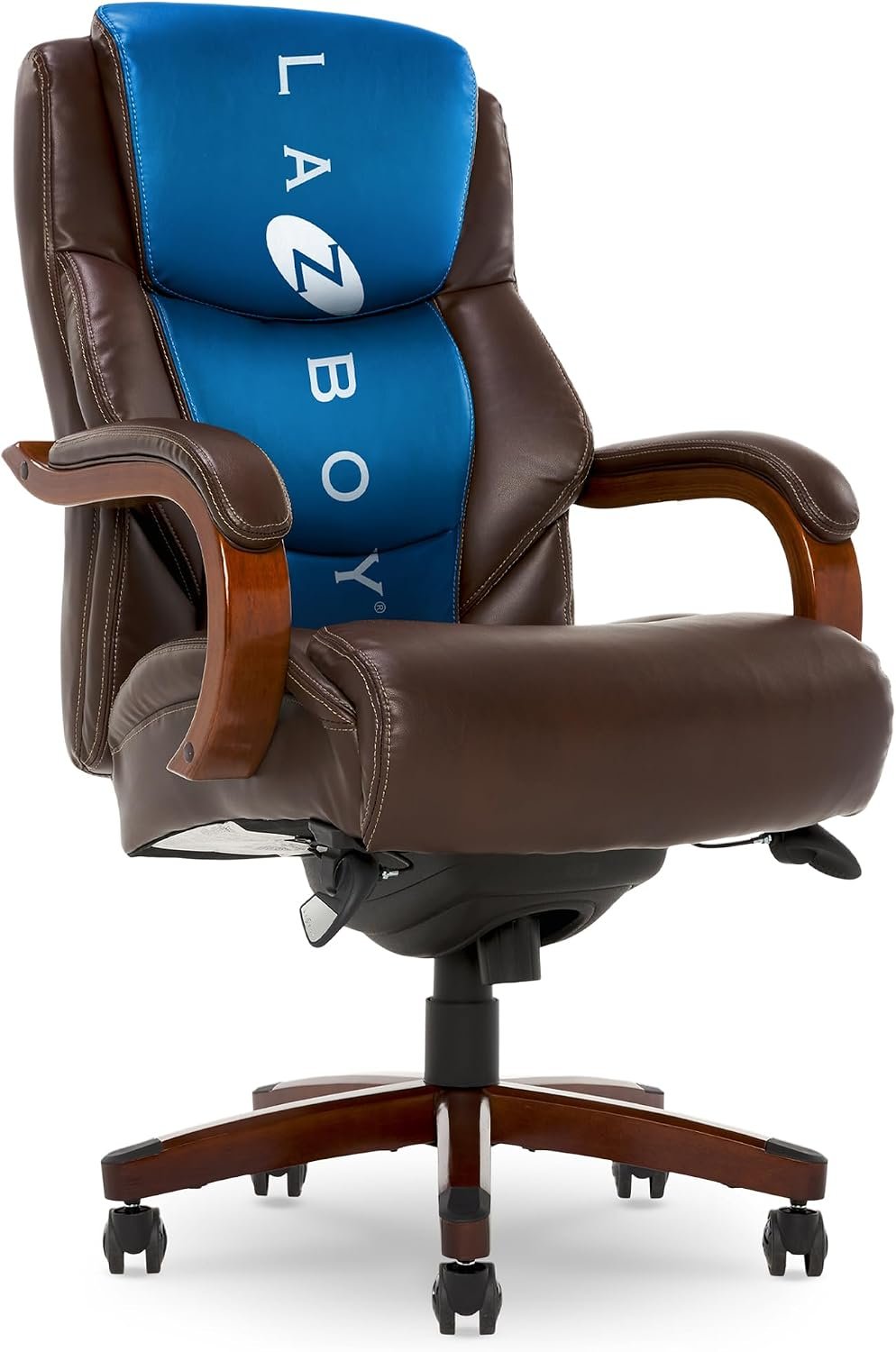 La-Z-Boy Delano Big and Tall Executive Office Chair – Ergonomic Lumbar Support Memory Foam – Bonded Leather Desk Chair for Home Office – Mahogany Wood Arms – Chestnut Brown