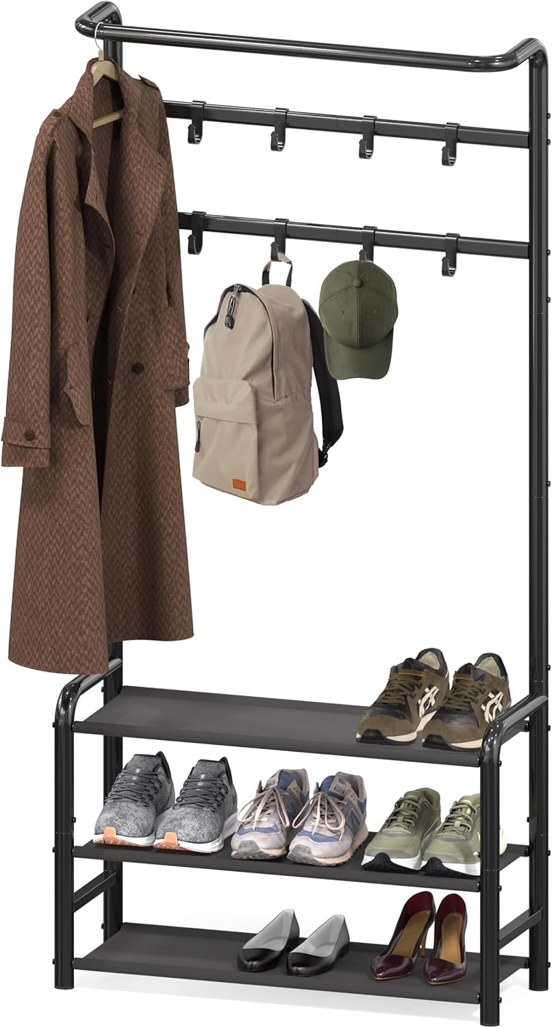 Simple Houseware Coat Rack with Storage Shelf, Freestanding Hall Tree with Hooks for Entryway, Bedroom, Office, Black Metal Clothes Hanger Stand for Coats, Hats, Jackets, Bags – Black