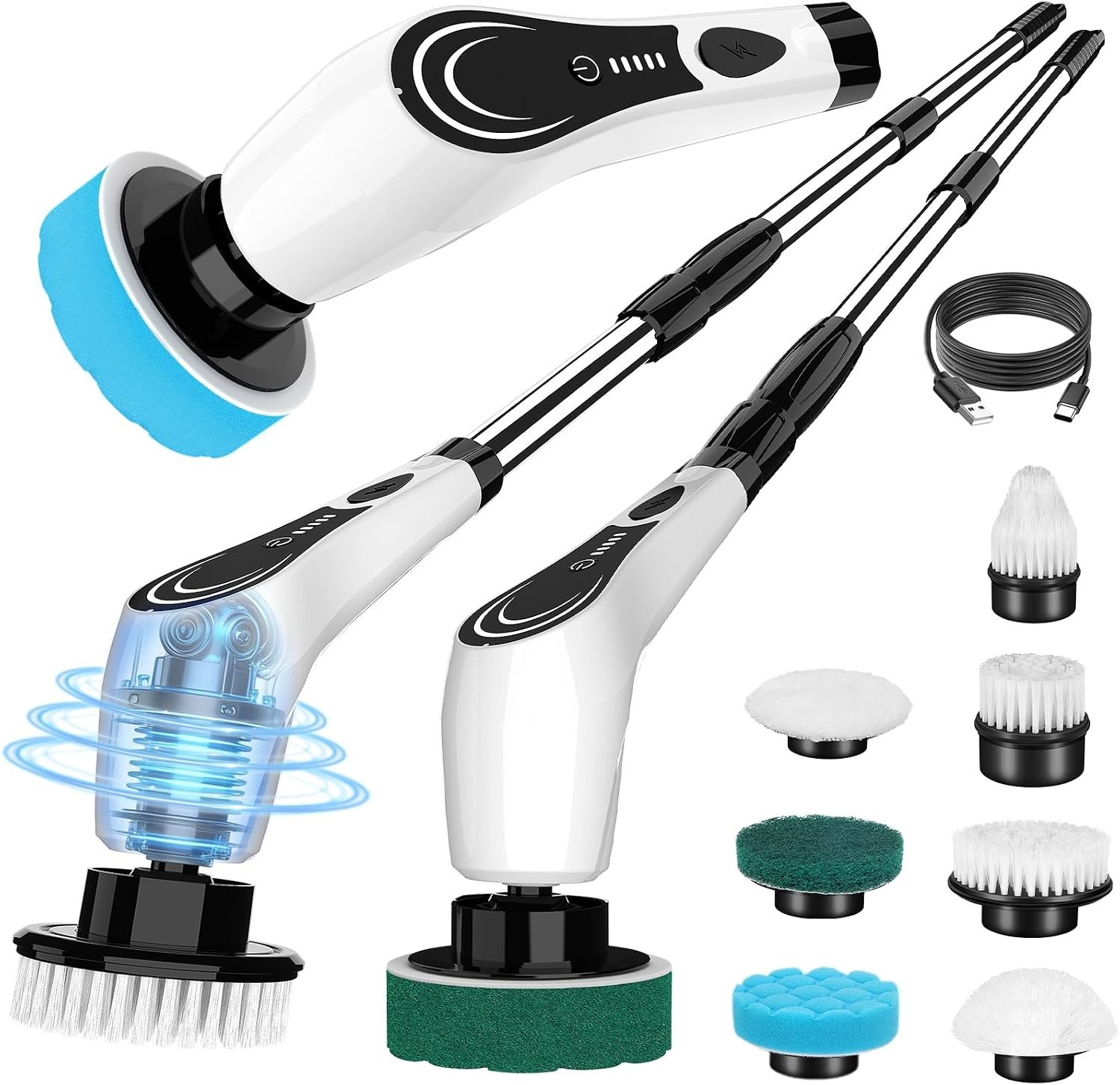 Electric Spin Scrubber, Cordless Power Scrubber with 7 Replaceable Brush Heads, 2-Speed Adjustable Handle, IPX7 Waterproof Shower Scrubber for Bathroom, Tile, Tub, White-rx2