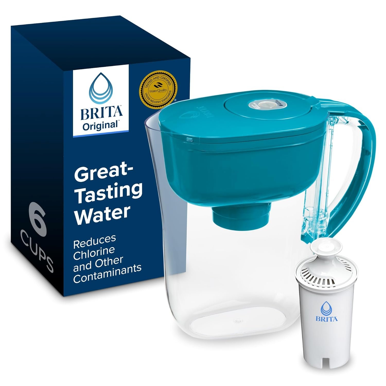 Brita Metro Small 6-Cup Water Filter Pitcher, WQA NSF/ANSI Certified, BPA-Free, Mini-Fridge Friendly, Removes Chlorine Taste & Odor, 1 Standard Filter, Lasts, Lasts 2 Months, Turquoise