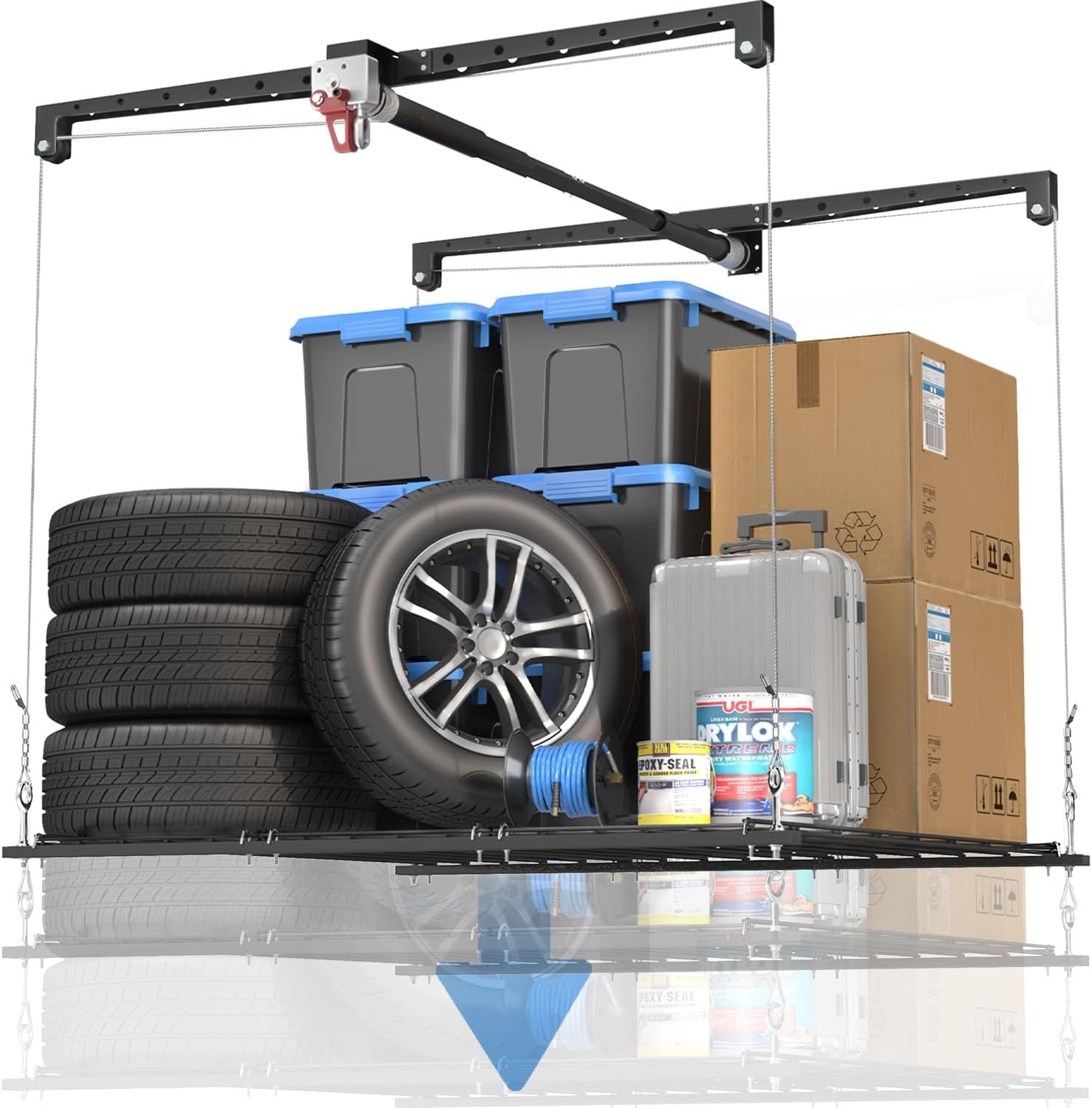 Overhead Garage Storage Lift, Adjustable Heavy-duty 4×4 Ft Ceiling Racks with Safety Lock, Ideal for Storage Lifting Organization System, 250lbs Capacity