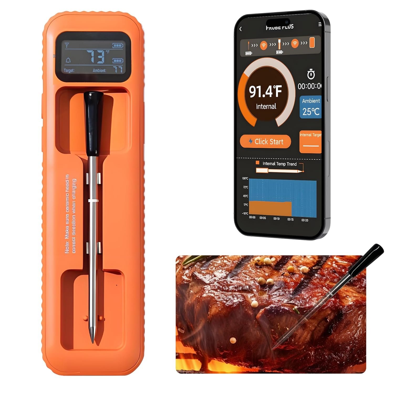 Wireless Meat Thermometer with Stable Bluetooth Connection, ±1°F Accurate 6-Sensor Probe, App-Controlled Digital Food Thermometer, Rechargeable, IP67 Waterproof for BBQ, Grill, Smoker & Oven