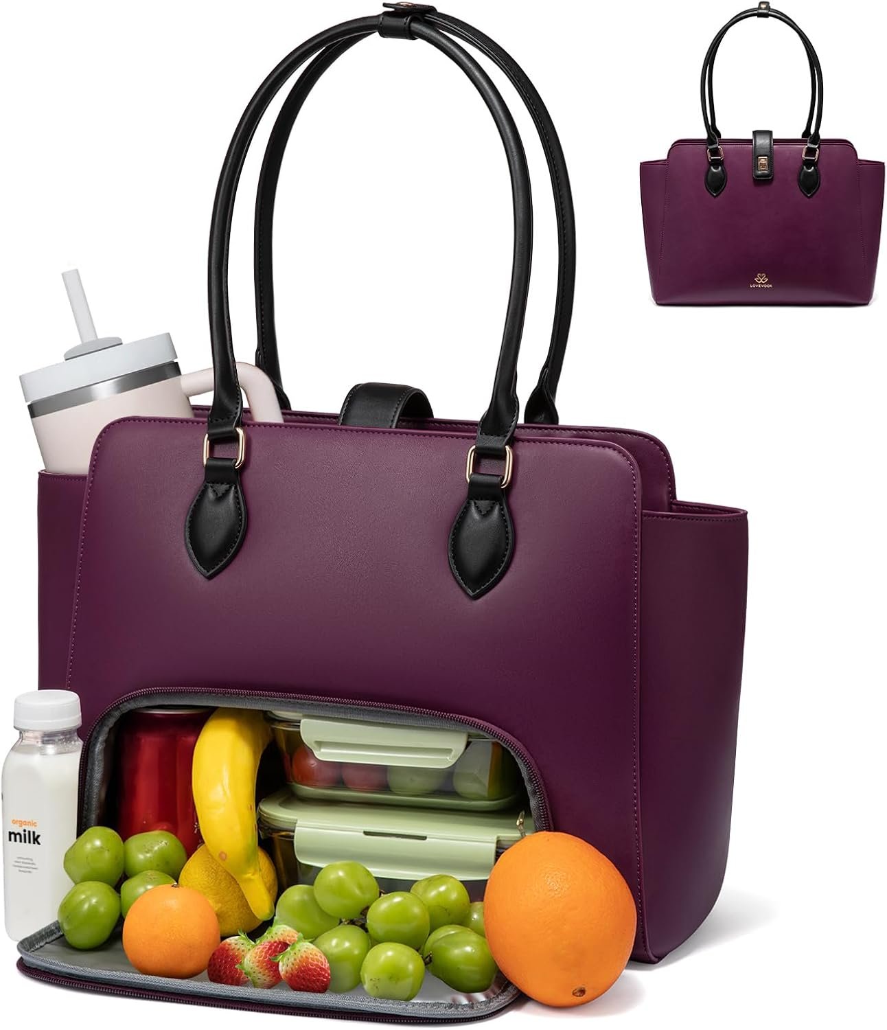 LOVEVOOK Lunch Tote Bag for Women, 2-in-1 Work Tote Bag with Lunch Compartment, Insulated Lunch Bag & 15.6 Inch Laptop Bag for Women, Ideal for Teacher, Nurse and Camping Use, Purple