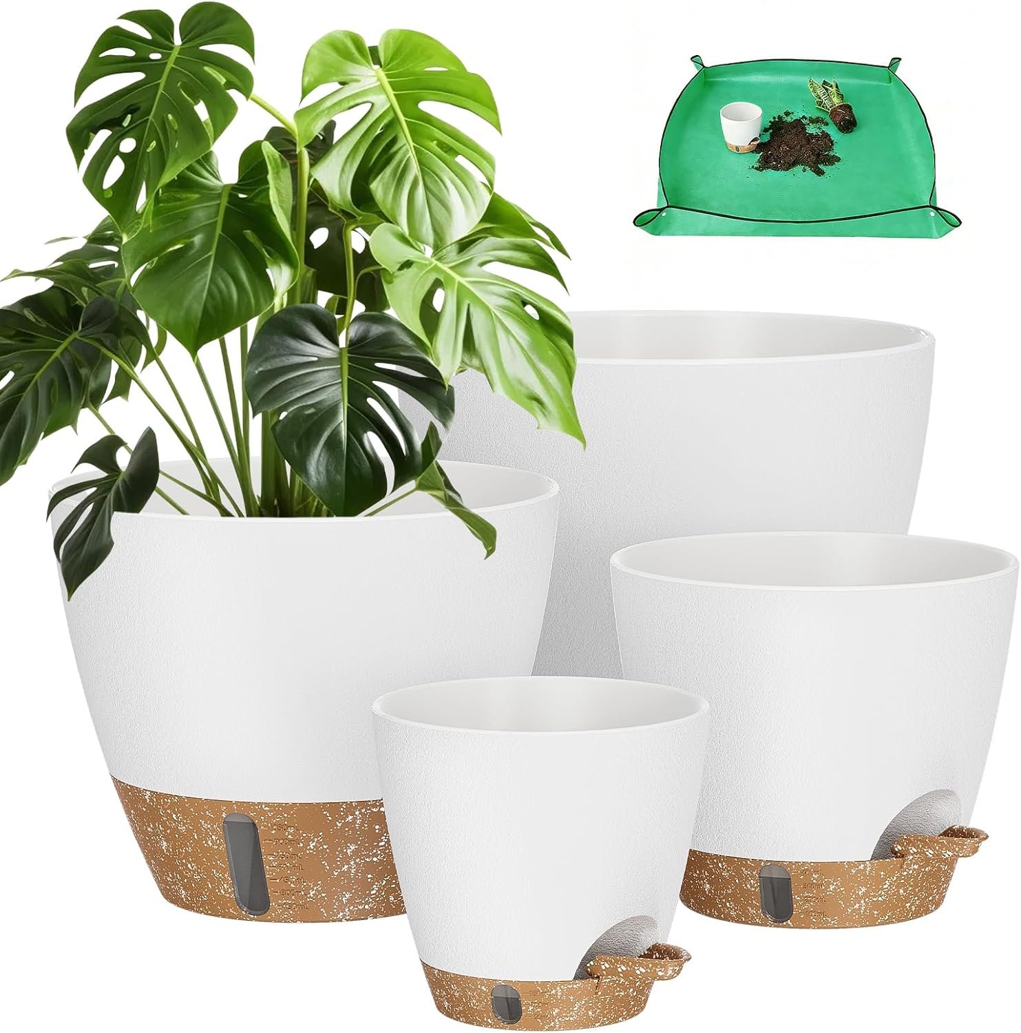 Plant Pots, 12″ 10″ 6″ 8″ Inch Self Watering Pots with Water Level Indicator, Set of 5 Flower Pots Indoor with Drainage Holes, Modern Planters for Indoor Outdoor Plants, Room & Office Décor