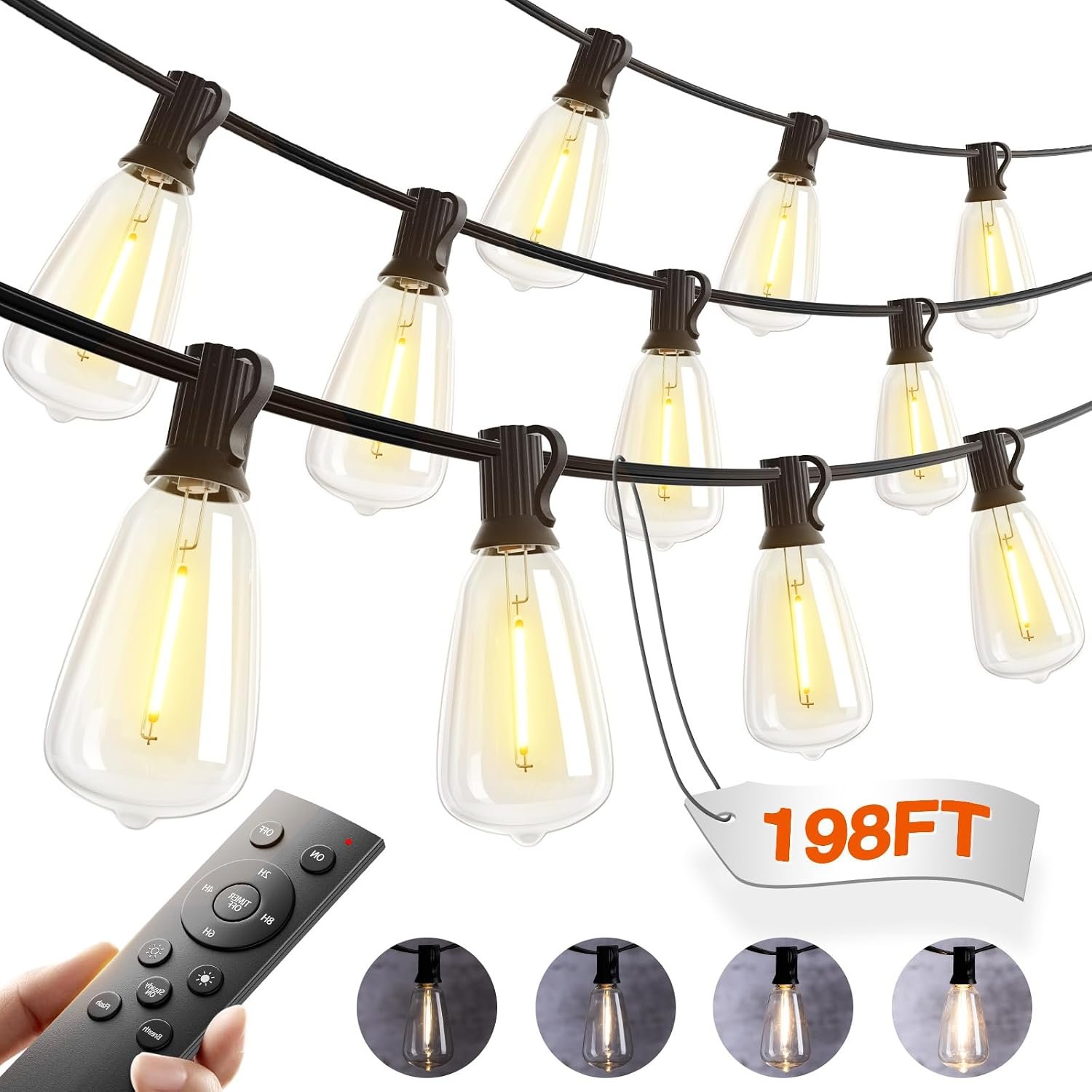 addlon 198FT Outdoor String Lights for Outside with Remote Waterproof Patio Lights with Plastic ST38 LED Edison Bulbs Outdoor Lighting Extra Long for Backyard Bistro Porch Garden Pergola Party Decor