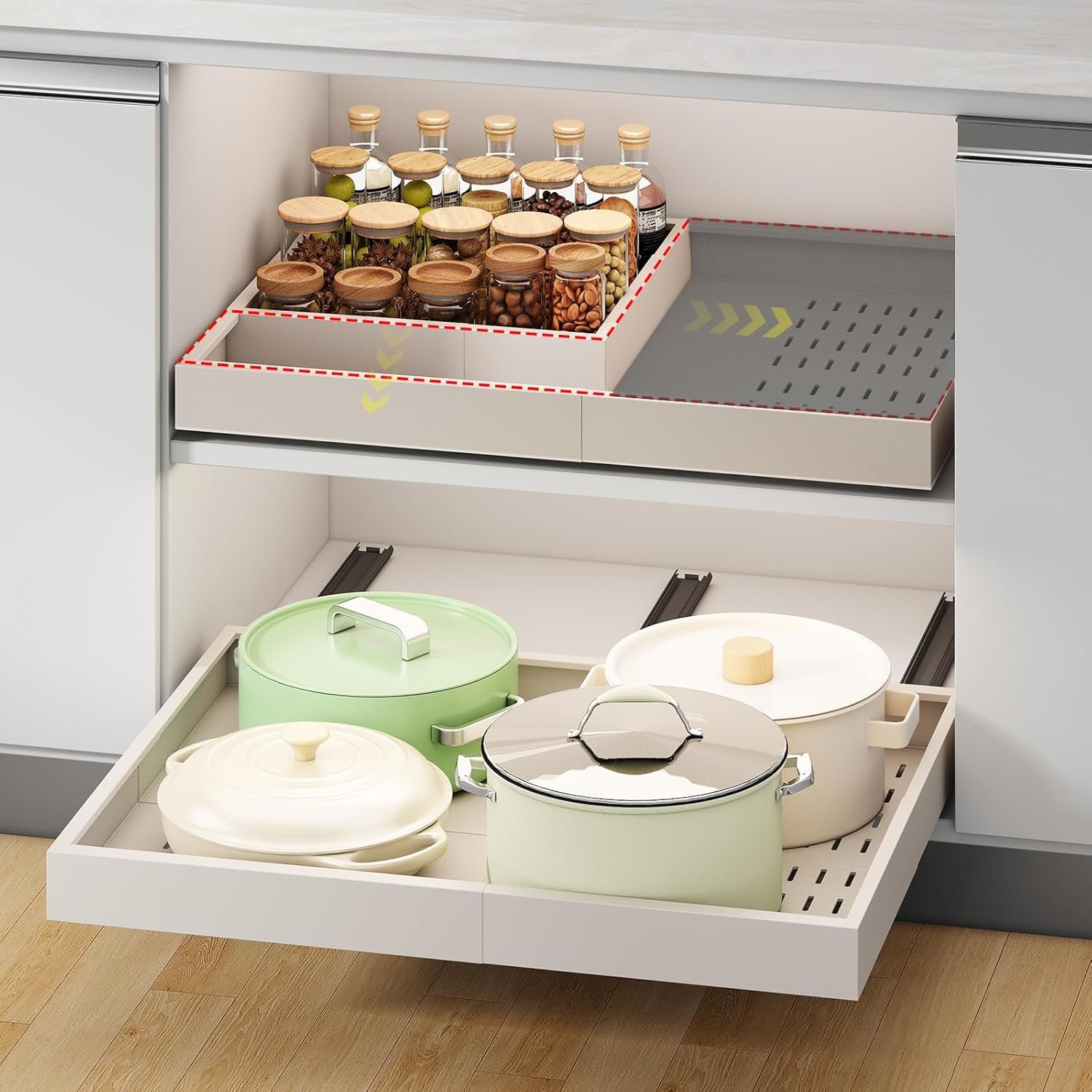 Pull out Cabinet Organizer,Width (14″-21″) and Depth (17″-24″) Expandable With 3 Rails,No Drill Adjustable Slide out Drawers for Kitchen,Pantry,Adhesive Roll out Shelves,for Cabinets Without Lip,White